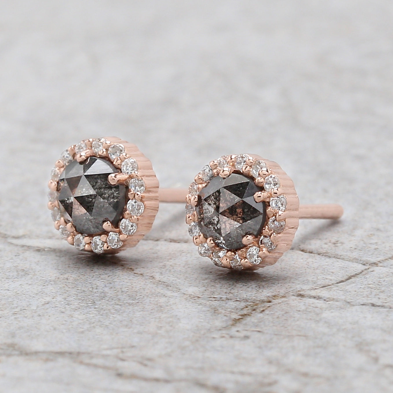 Round Rose Cut Salt And Pepper Diamond Earring 0.78 Ct 4.30 MM Round Diamond Earring 14K Solid Rose Gold Silver Engagement Earring QN1791