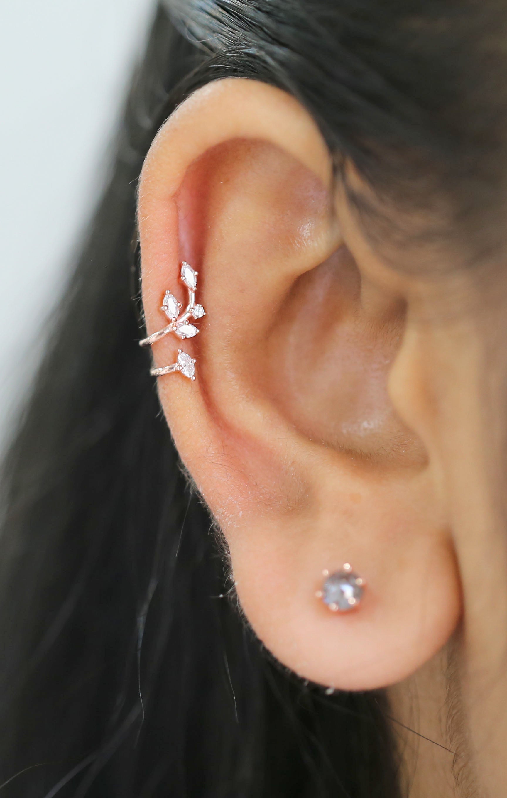 Marquise Round Shape White Color Diamond 14K Solid Rose White Yellow Gold Ear Cuff Ring Engagement Wedding Gift Ear Cuff KD1079