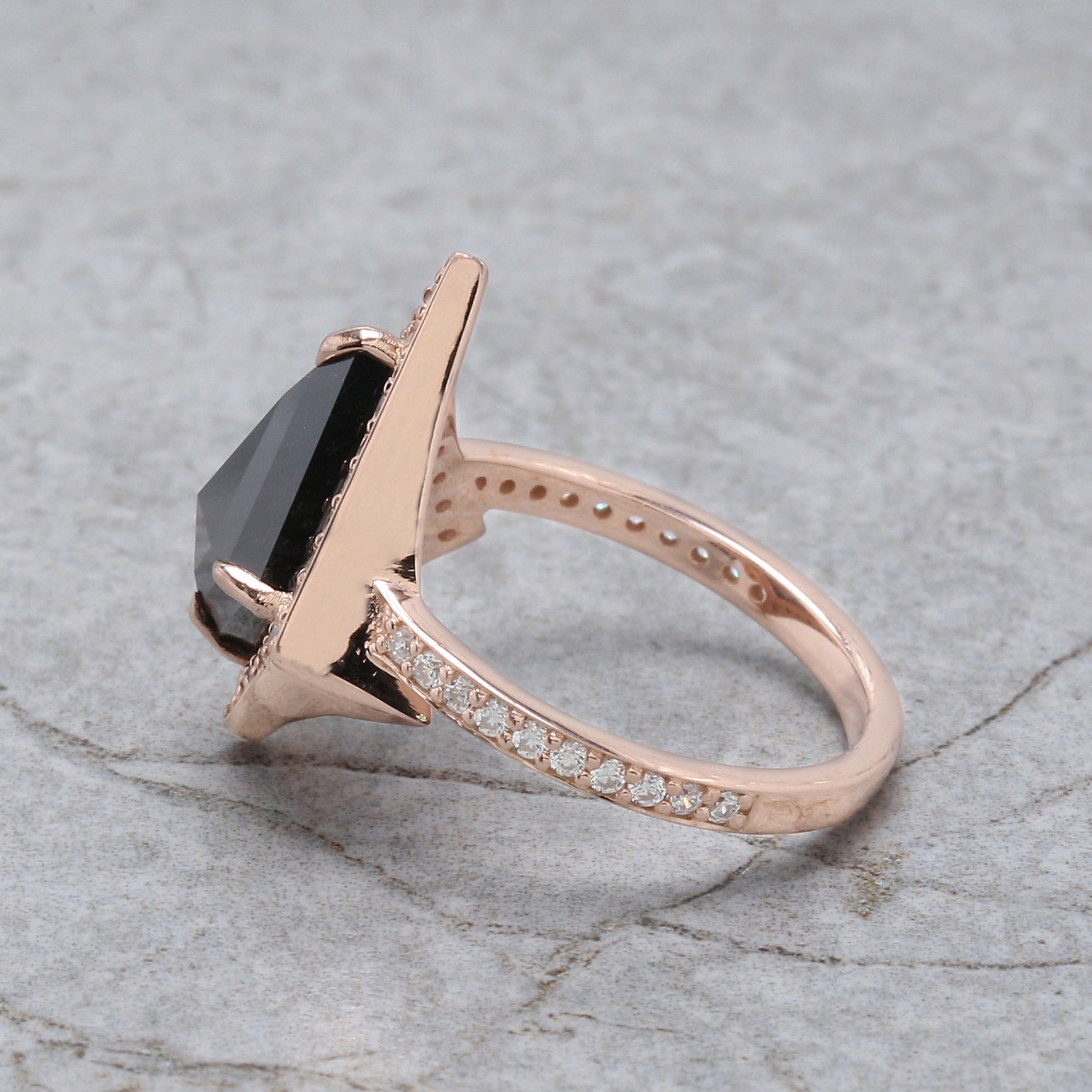 Kite Cut Salt And Pepper Diamond Ring 2.71 Ct 12.03 MM Kite Diamond Ring 14K Solid Rose Gold Silver Kite Engagement Ring Gift For Her QL2121