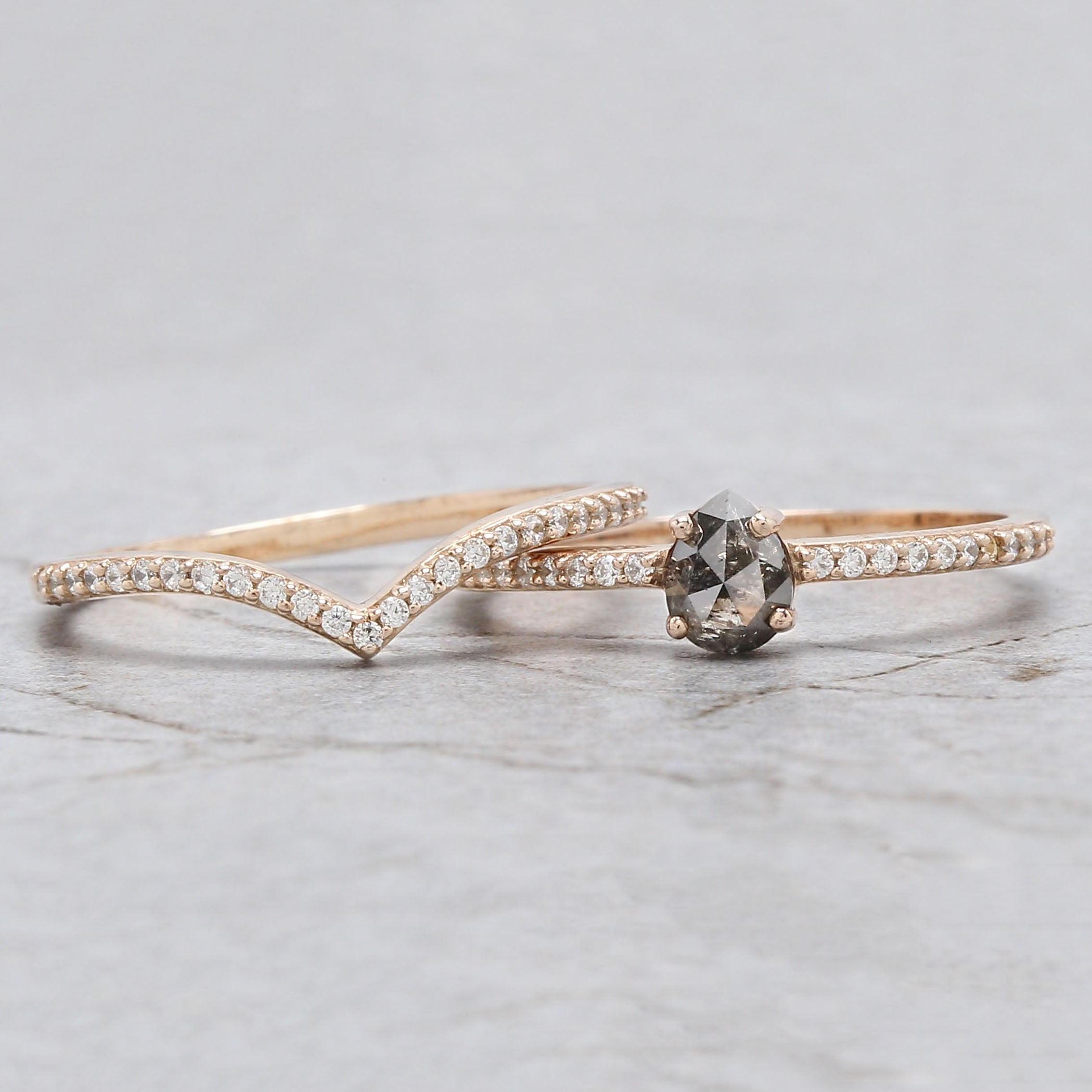 Pear Cut Salt And Pepper Diamond Ring 0.46 Ct 5.35 MM Pear Diamond Ring 14K Solid Rose Gold Silver Pear Engagement Ring Gift For Her QL3126