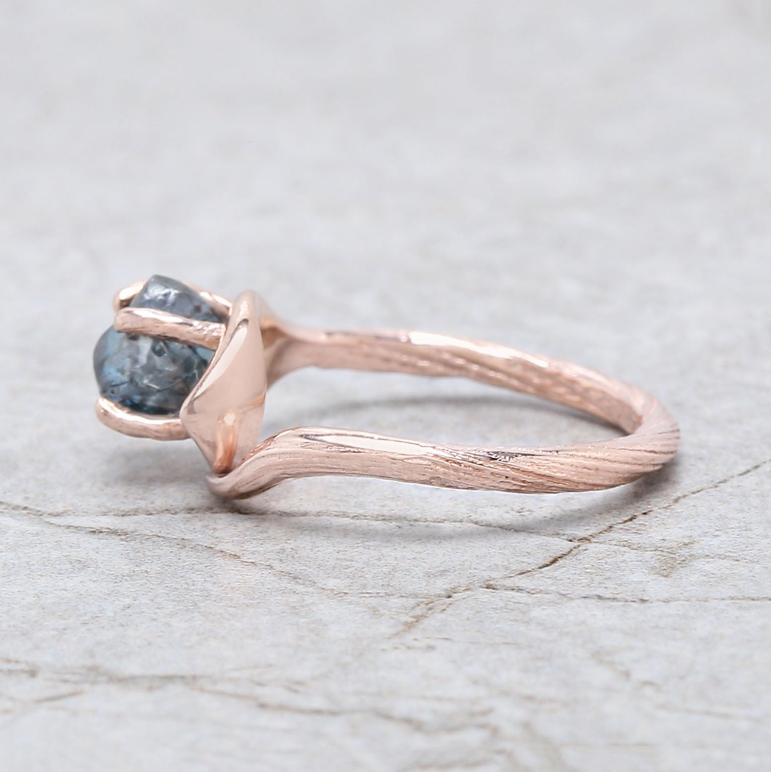 Rough Blue Color Diamond Ring 1.30 Ct 6.12 MM Crystal Rough Diamond Ring 14K Solid Rose Gold Silver Engagement Ring Gift For Her QL2277