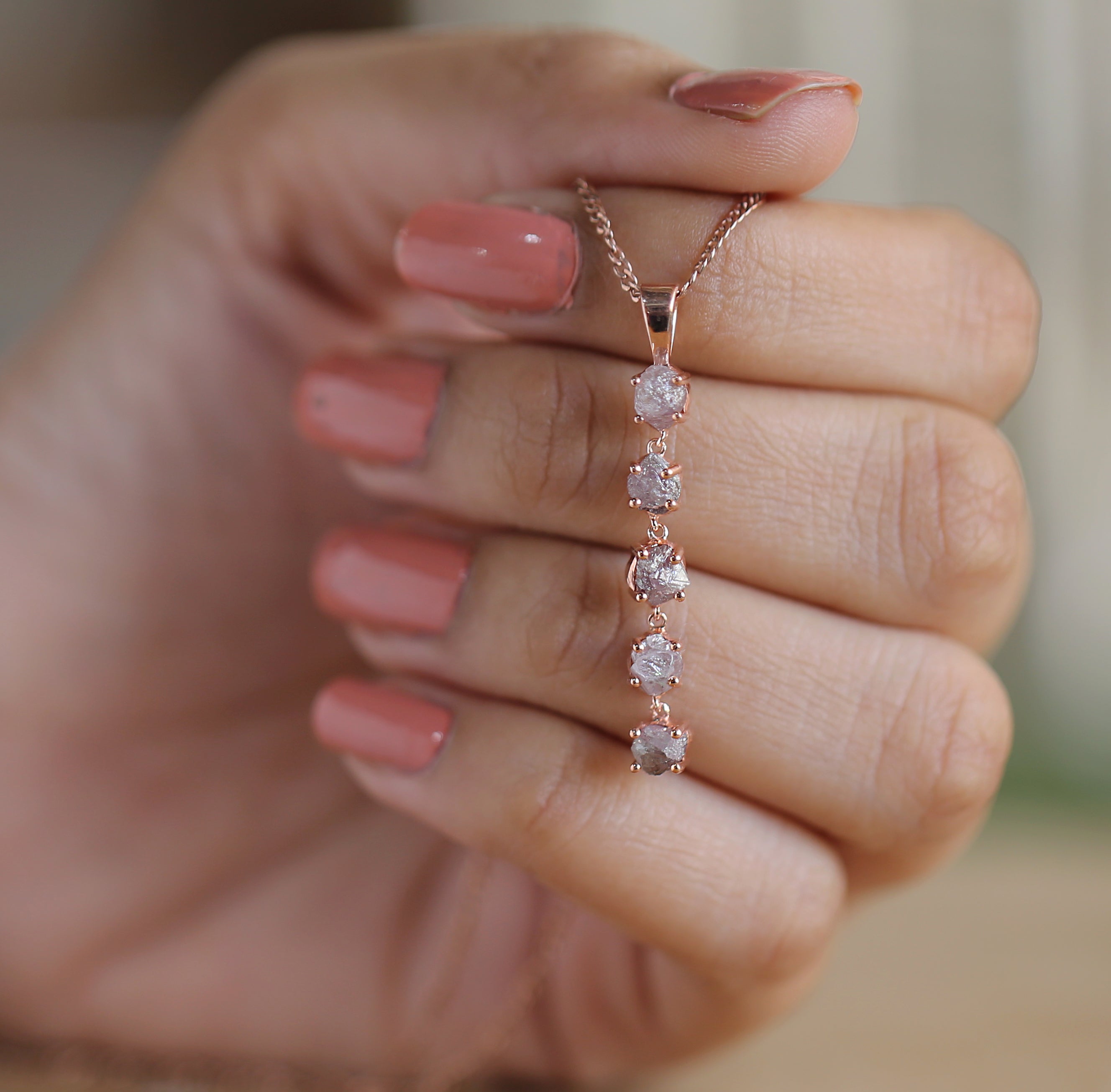 Rough Pink Color Diamond Pendant 2.12 Ct 4.80 MM Rough Diamond Pendant 14K Solid Rose Gold Silver Engagement Pendant Gift For Her QN163