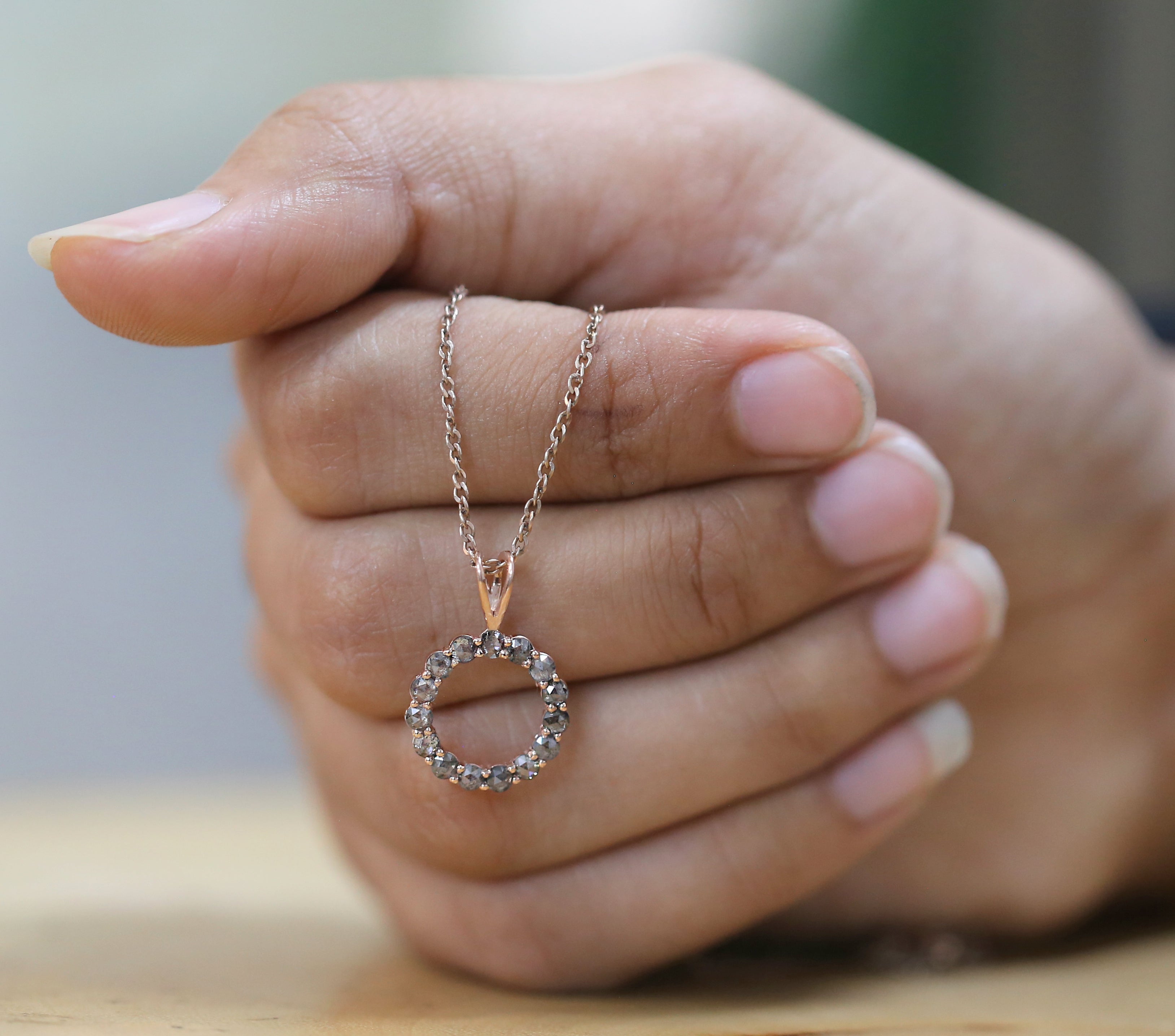 0.86 Ct Natural Round Rose Cut Salt And Pepper Diamond Pendant 2.00 MM Round Cut Diamond Pendant 14K Rose Gold Silver Engagement KD1215