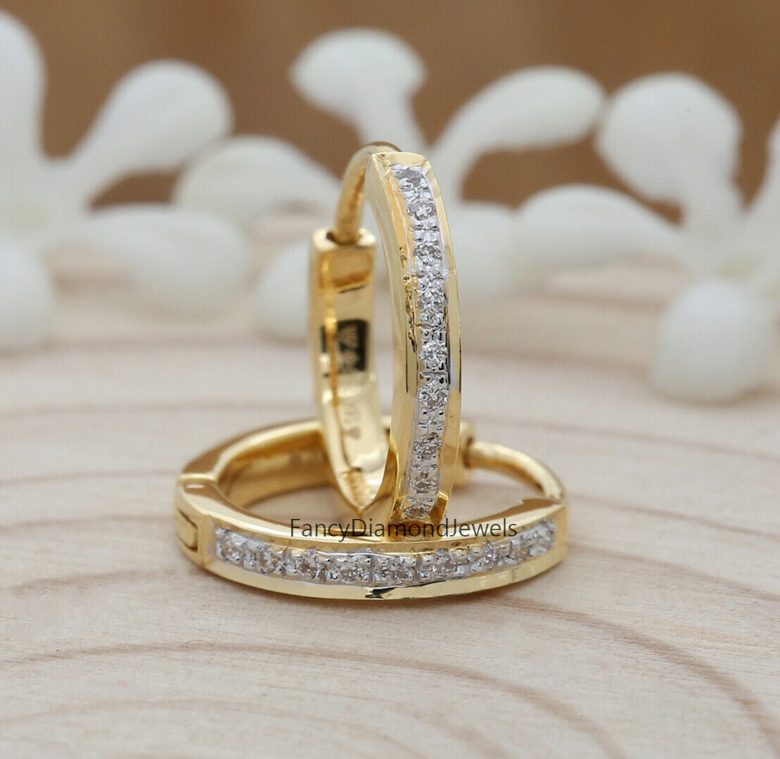 Natural White Round Diamond Earring 14K Yellow Gold Hoop Earring Valentine Gift KD900