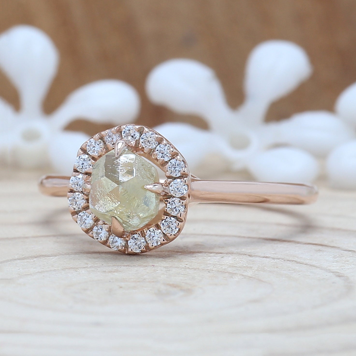 Rough Yellow Color Diamond Ring 0.98 Ct 5.40 MM Crystal Rough Diamond Ring 14K Solid Rose Gold Silver Engagement Ring Gift For Her QN2528