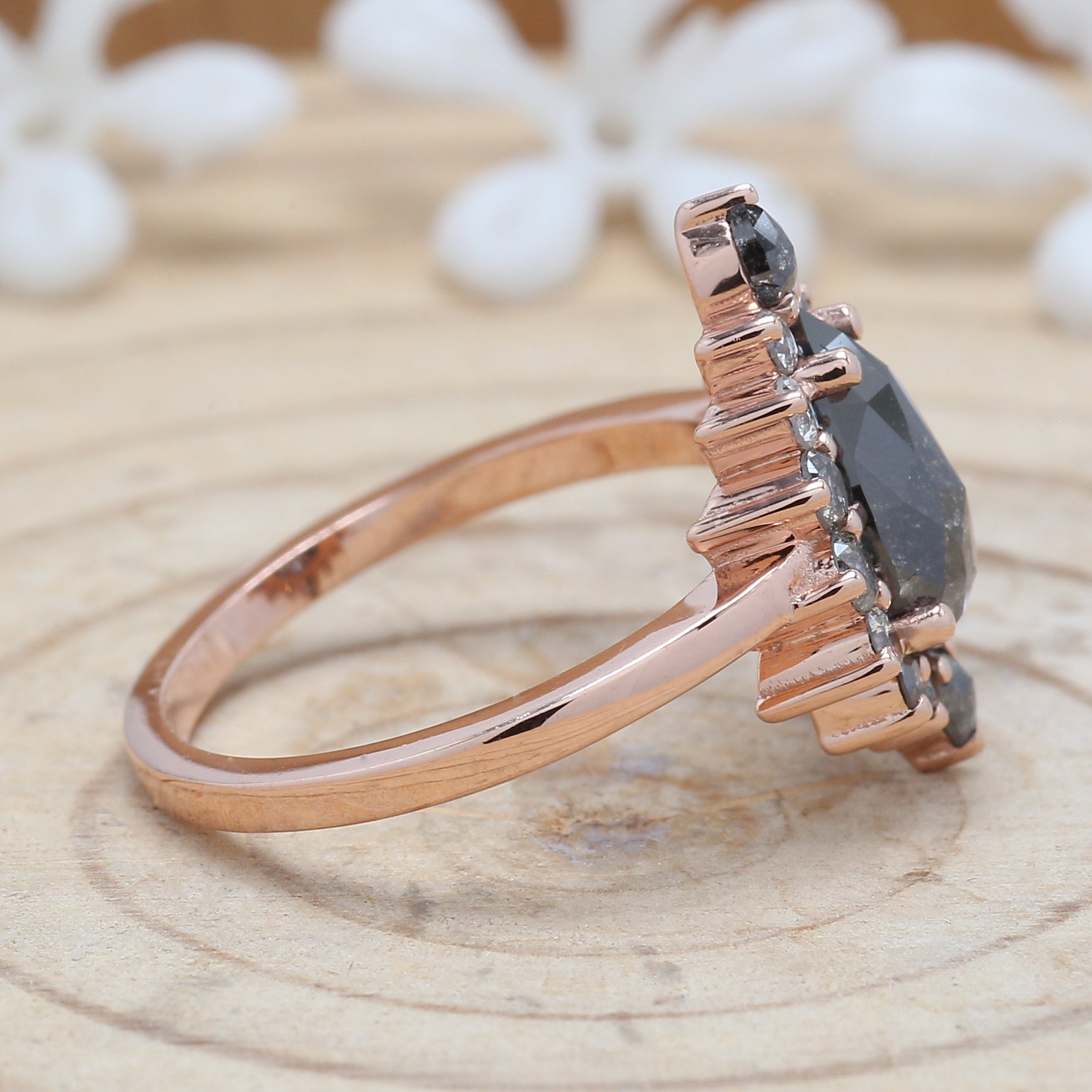 1.69 CT Salt And Pepper Ring, Pear Diamond Ring, Engagement Ring, 14K Rose Gold Ring, Rose Cut Ring, Wedding Ring, Gift For Her KDL691