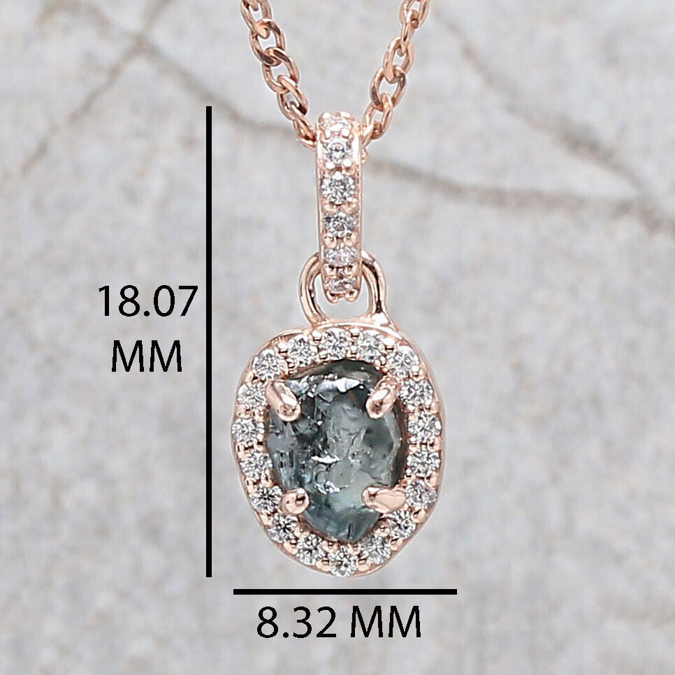 Rough Blue Color Diamond Pendant 1.04 Ct 6.61 MM Uncut Diamond Pendant 14K Solid Rose Gold Silver Engagement Pendant Gift For Her QL2256