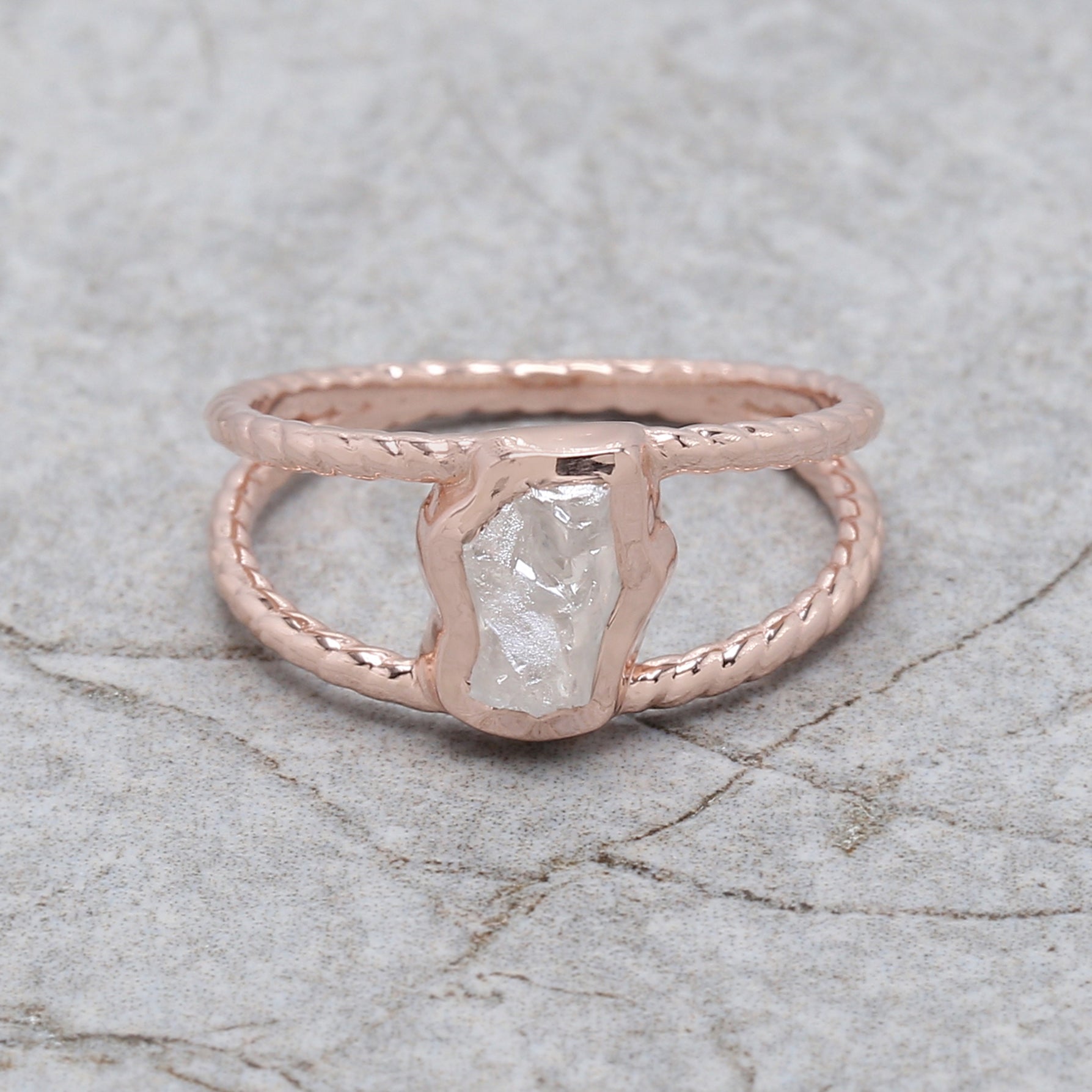 Rough White-F Color Diamond Ring 0.79 Ct 7.85 MM Crystal Rough Diamond Ring 14K Solid Rose Gold Silver Engagement Ring Gift For Her QN503