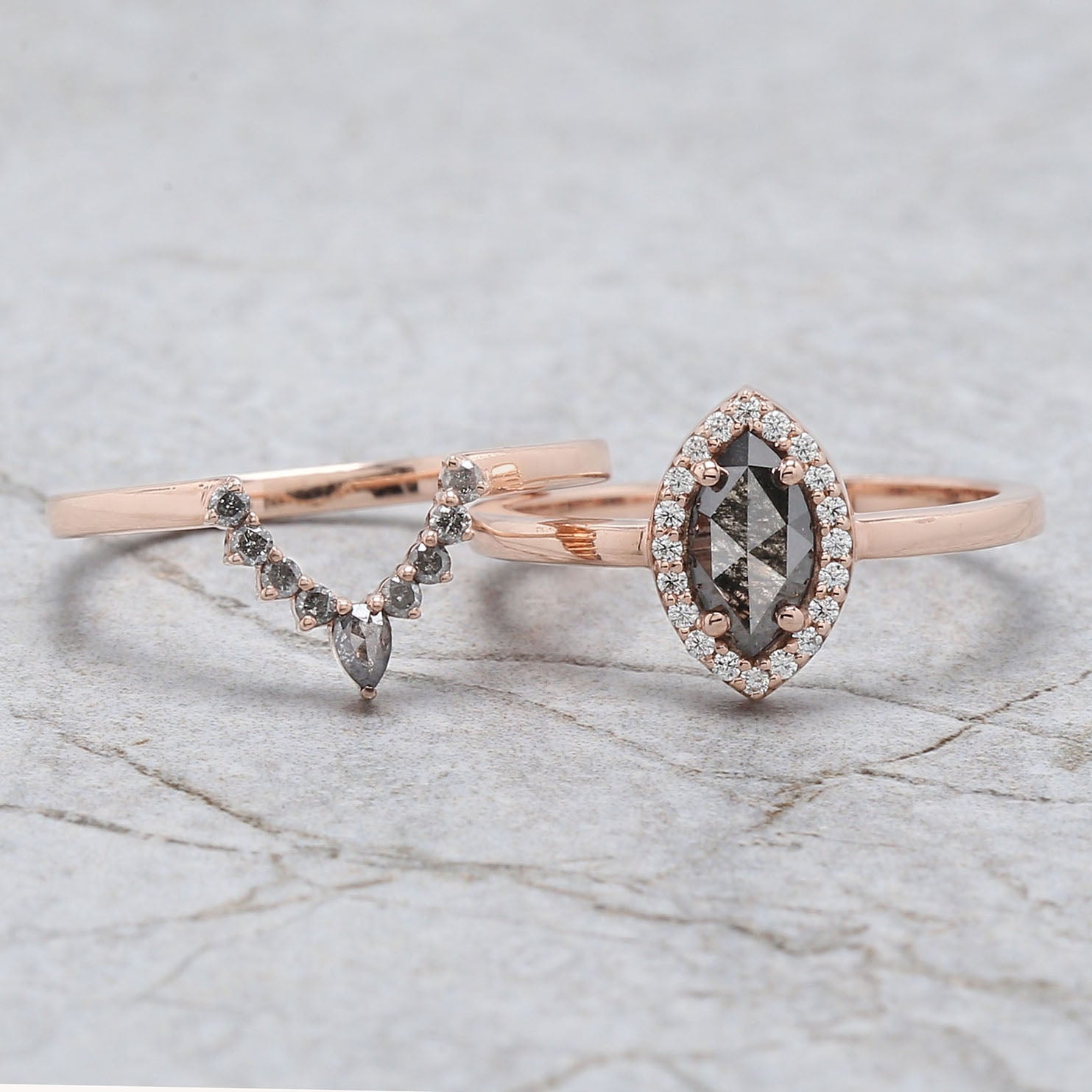 Marquise Cut Salt And Pepper Diamond Ring 0.55 Ct 7.50 MM Marquise Diamond Ring 14K Rose Gold Silver Engagement Ring Gift For Her QL3120