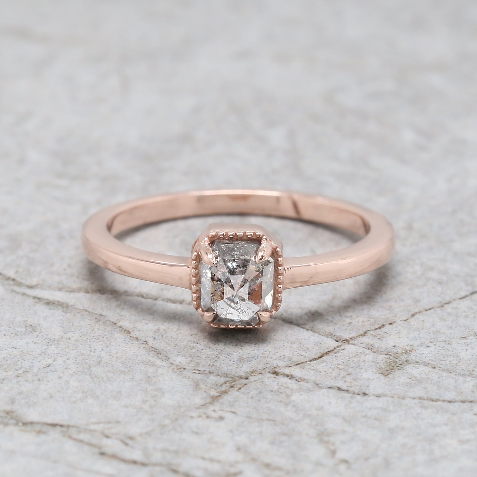 Emerald Cut Salt And Pepper Diamond Ring 0.78 Ct 5.20 MM Emerald Diamond Ring 14K Solid Rose Gold Silver Engagement Ring Gift For Her QL3081