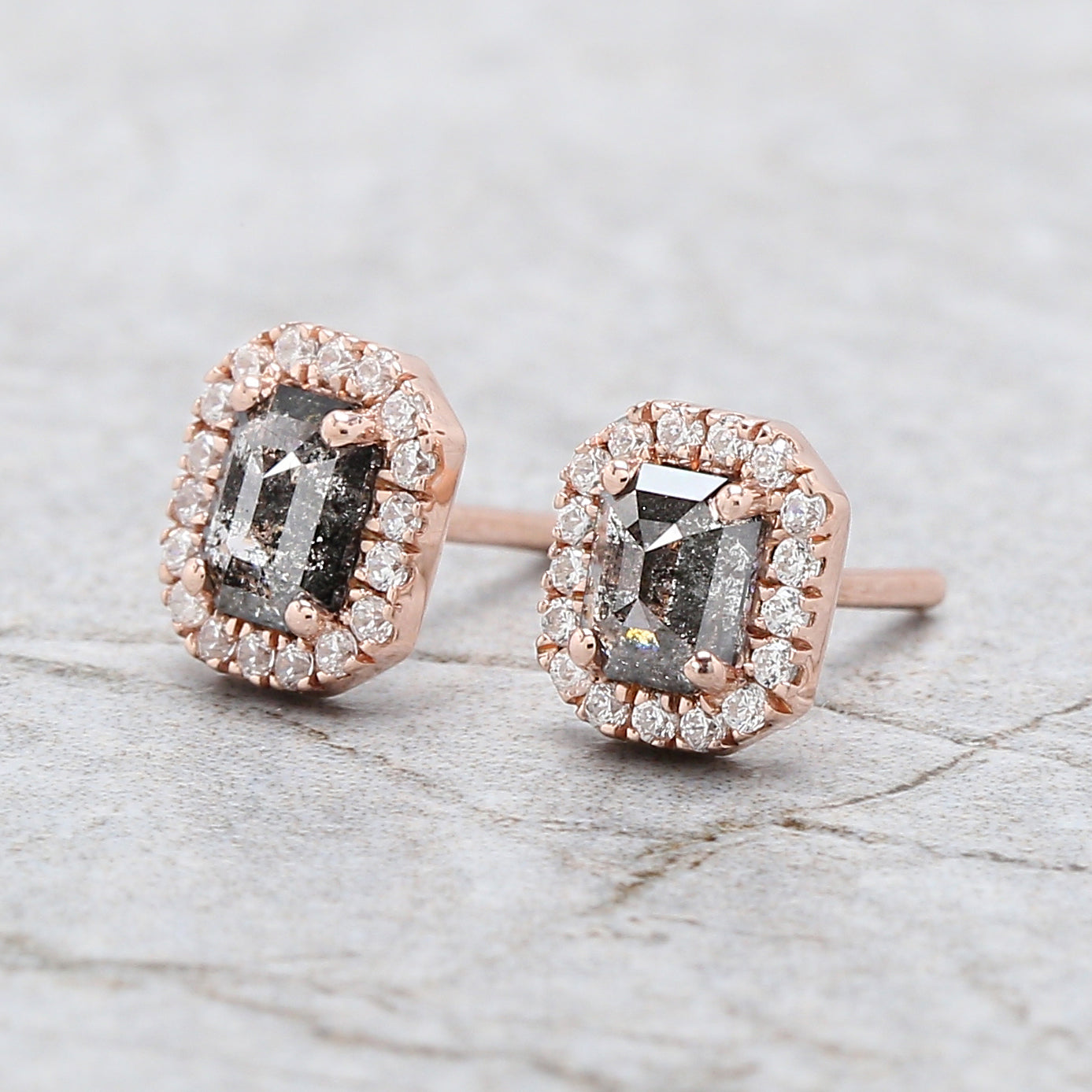 0.65Ct Natural Emerald Salt and Pepper Diamond Earring 4.80 MM Emerald Diamond Earring 14K Solid Rose Gold Silver Engagement Earring QL2544
