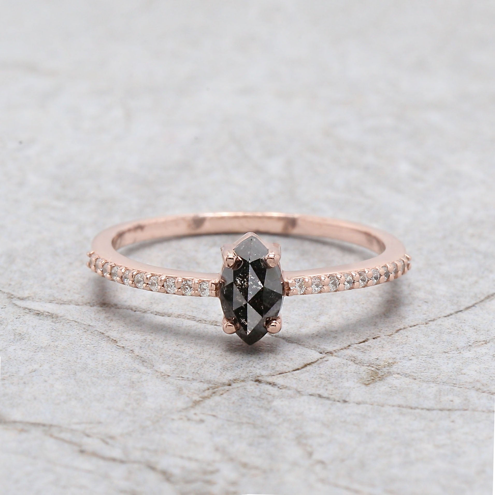Marquise Salt And Pepper Diamond Ring 0.61 Ct 6.95 MM Marquise Diamond Ring 14K Solid Rose Gold Silver Engagement Ring Gift For Her QL3137