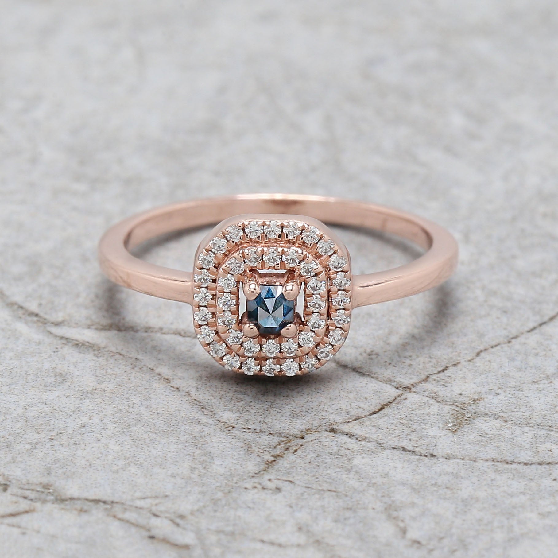 Cushion Shape Blue Color Diamond Ring 0.11 Ct 2.80 MM Cushion Diamond Ring 14K Solid Rose Gold Silver Engagement Ring Gift For Her QN2534