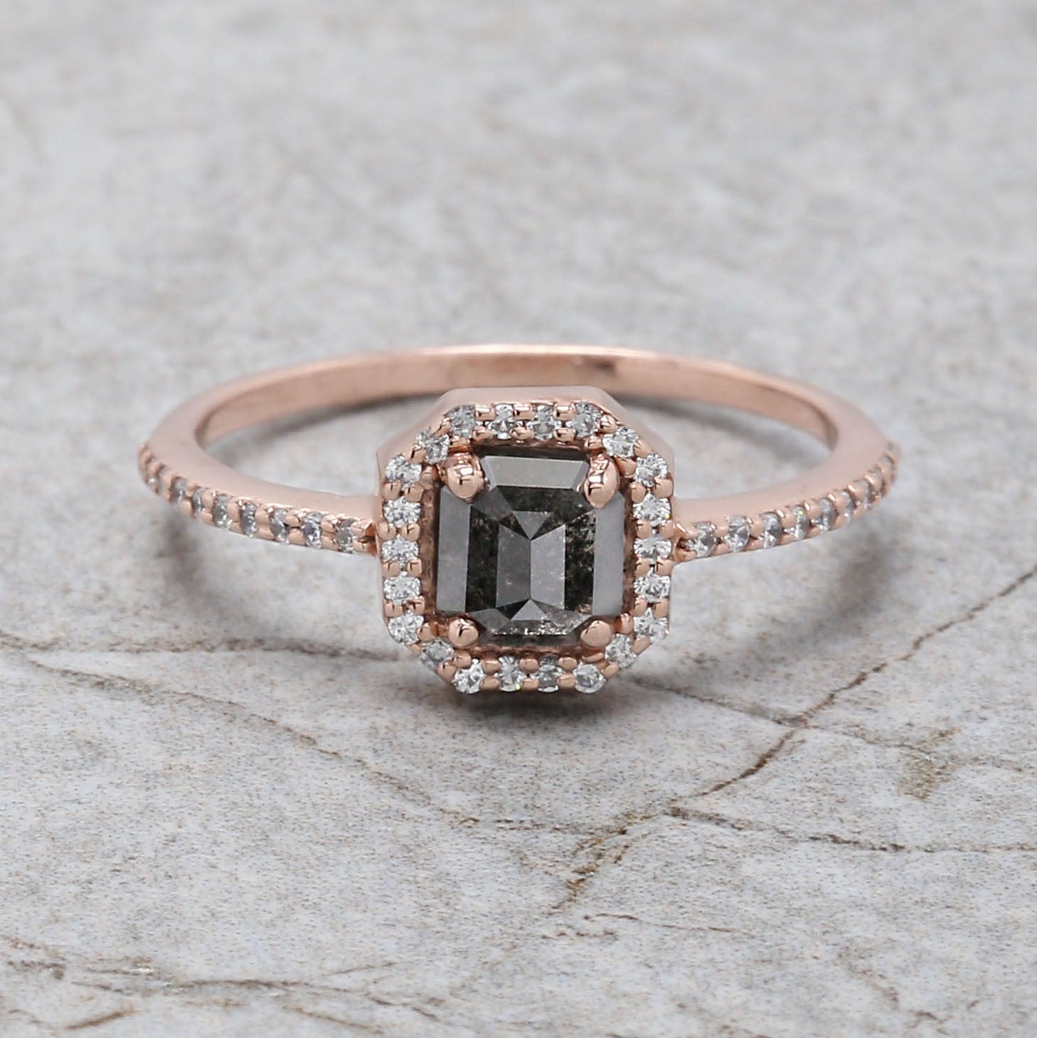 Emerald Cut Salt And Pepper Diamond Ring 0.69 Ct 5.46 MM Emerald Diamond Ring 14K Solid Rose Gold Silver Engagement Ring Gift For Her QL3129