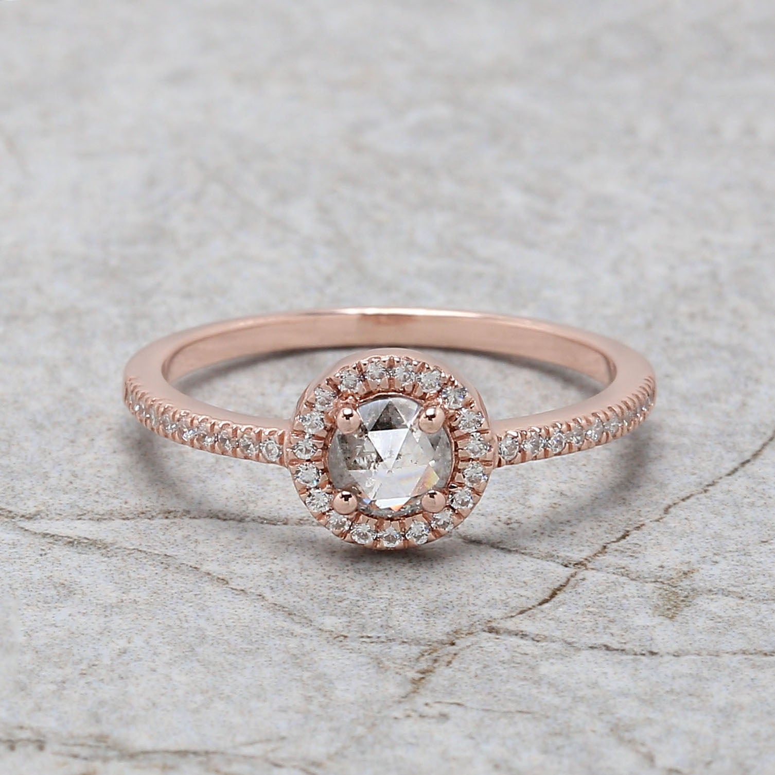 Round Rose Cut Salt And Pepper Diamond Ring 0.35 Ct 4.65 MM Round Diamond Ring 14K Rose Gold Silver Engagement Ring Gift For Her QL3141