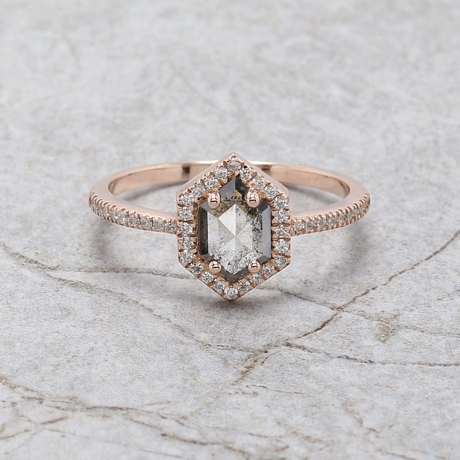 Hexagon Cut Salt And Pepper Diamond Ring 0.45 Ct 7.15 MM Hexagon Diamond Ring 14K Solid Rose Gold Silver Engagement Ring Gift For Her QL3132