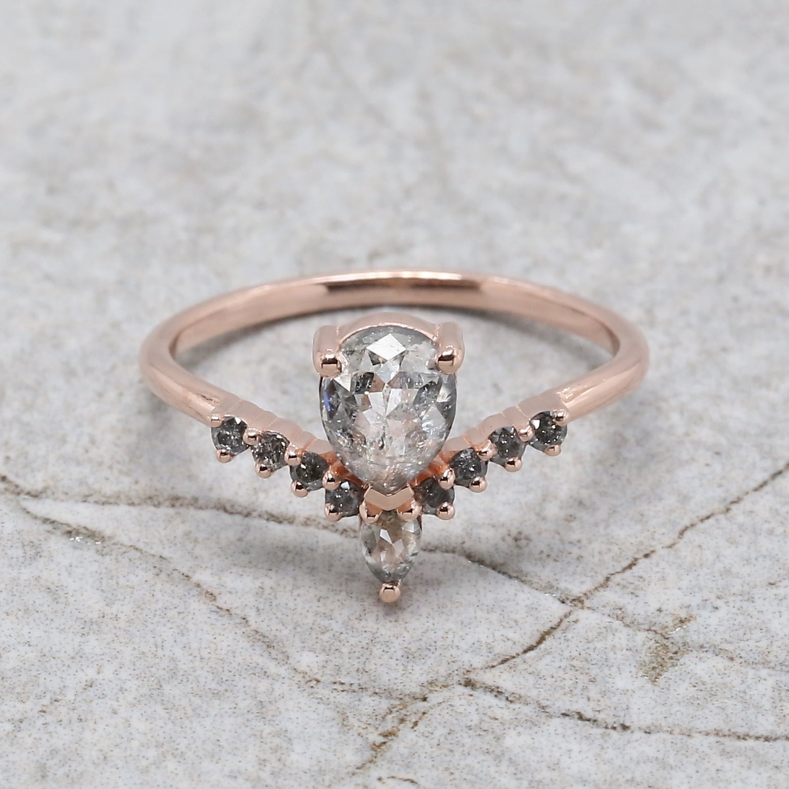 Pear Cut Salt And Pepper Diamond Ring 0.83 Ct 6.35 MM Pear Shape Diamond Ring 14K Solid Rose Gold Silver Engagement Ring Gift For Her QL8506