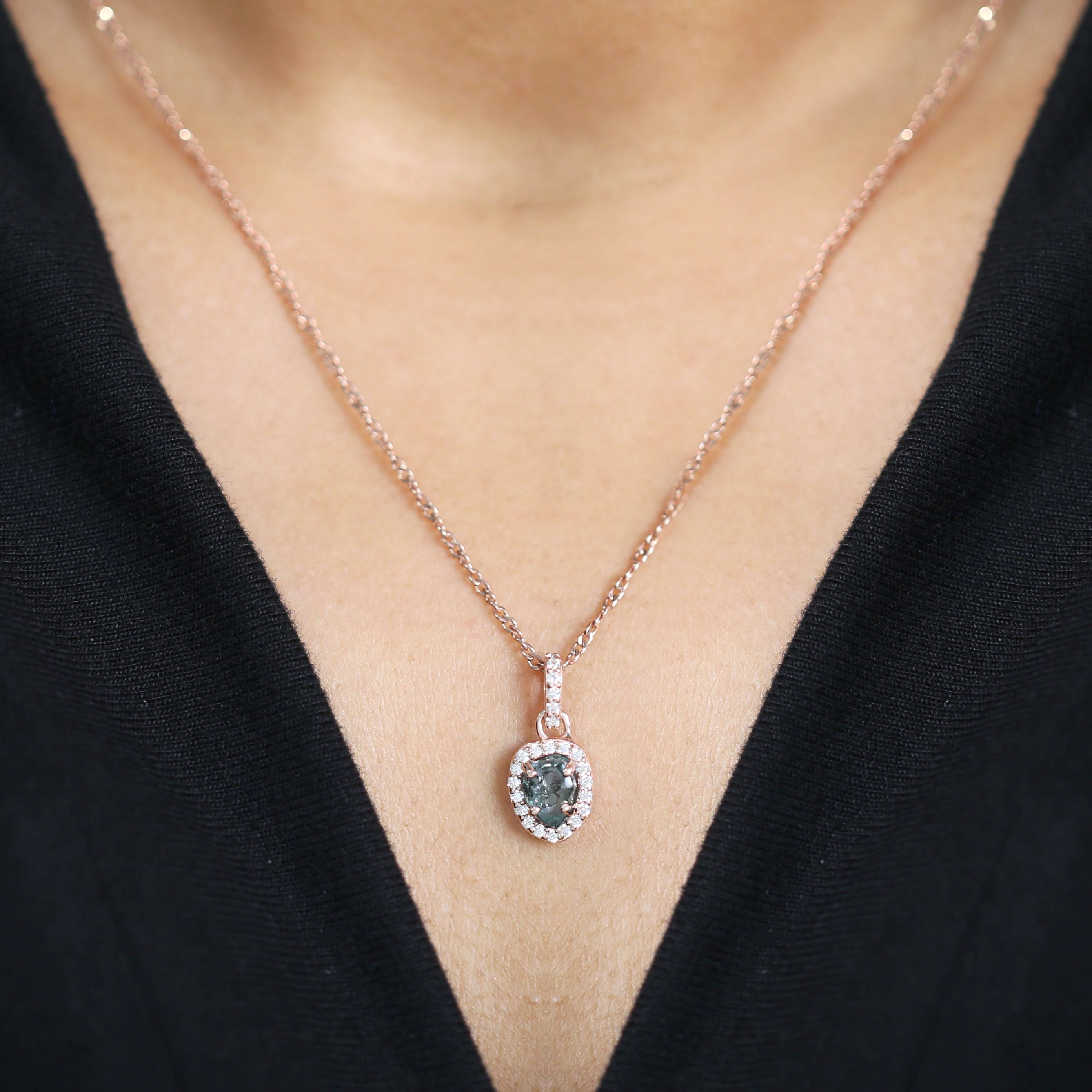 Rough Blue Color Diamond Pendant 1.04 Ct 6.61 MM Uncut Diamond Pendant 14K Solid Rose Gold Silver Engagement Pendant Gift For Her QL2256