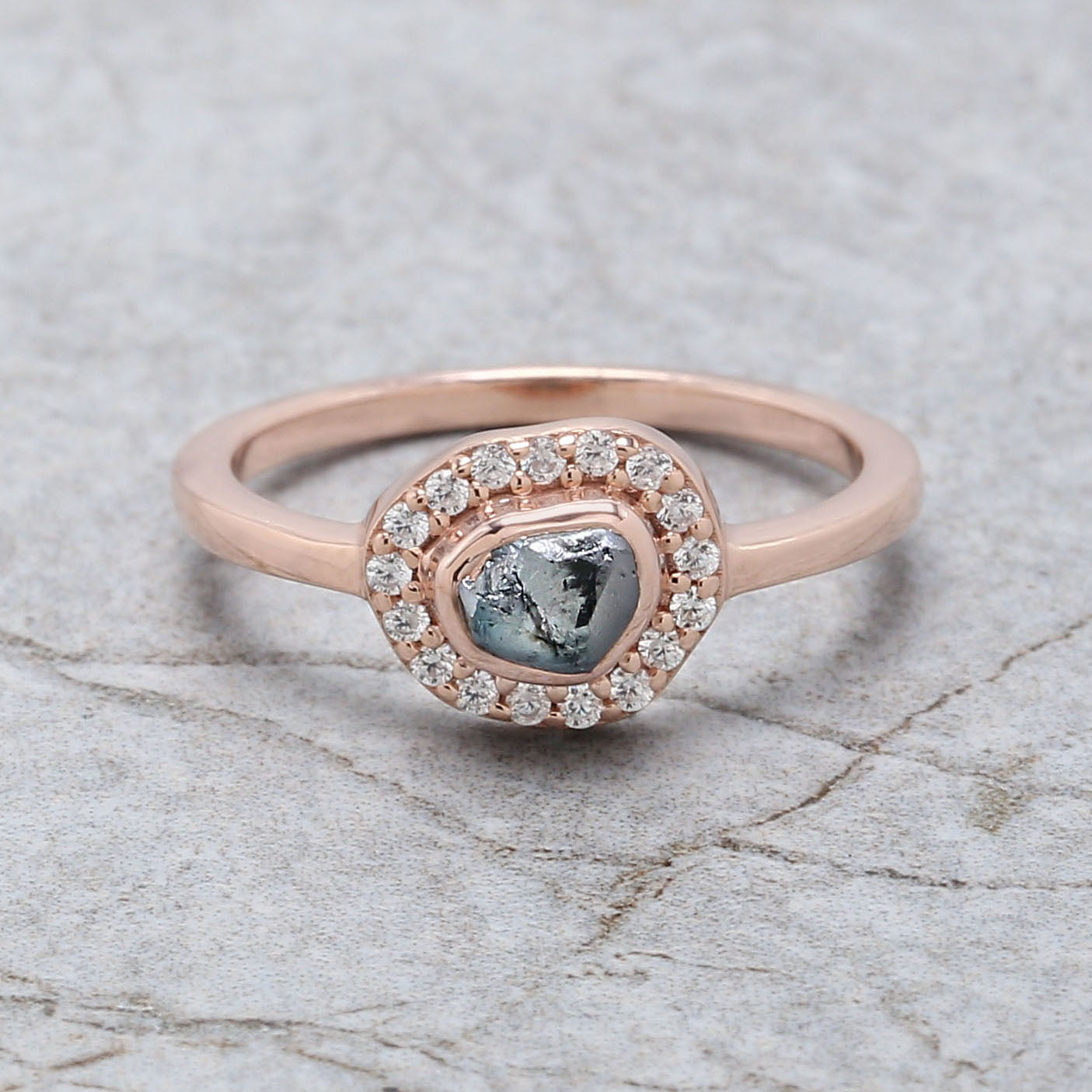 Rough Blue Color Diamond Ring 0.81 Ct 5.11 MM Crystal Rough Diamond Ring 14K Solid Rose Gold Silver Engagement Ring Gift For Her QK2519