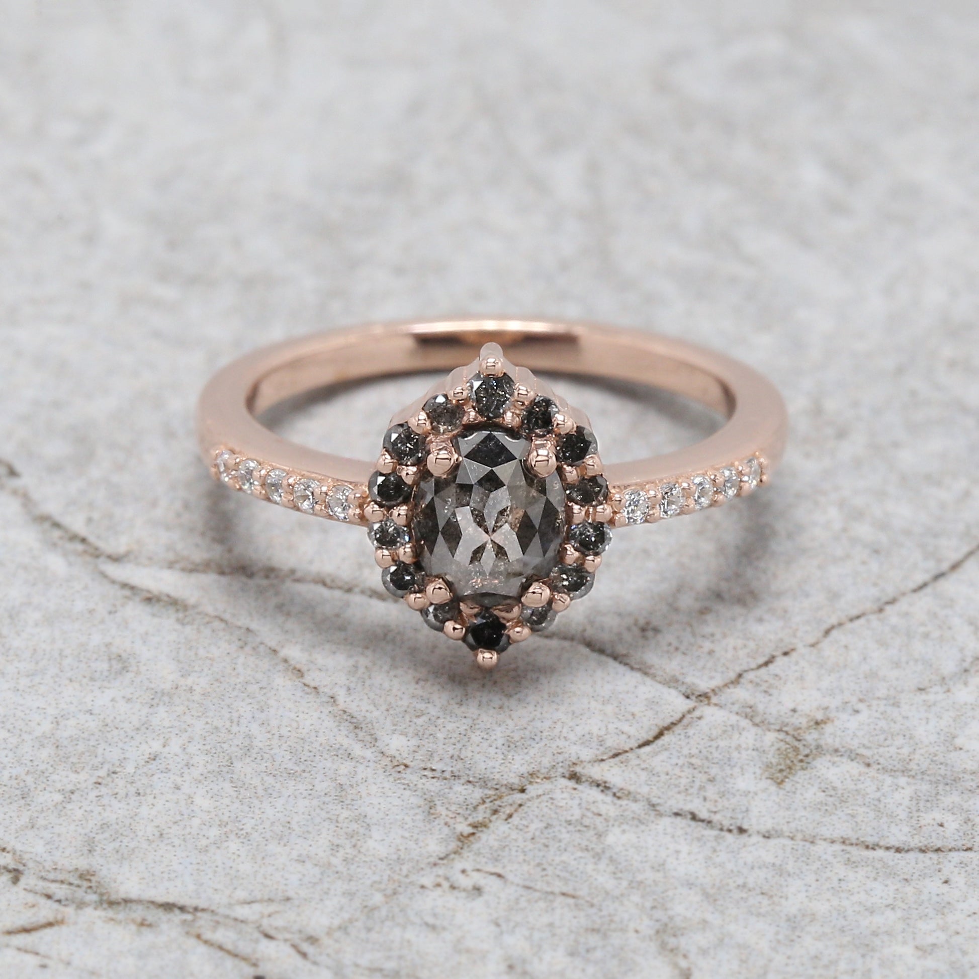 Oval Cut Salt And Pepper Diamond Ring 0.93 Ct 6.05 MM Oval Shape Diamond Ring 14K Solid Rose Gold Silver Engagement Ring Gift For Her QN2522