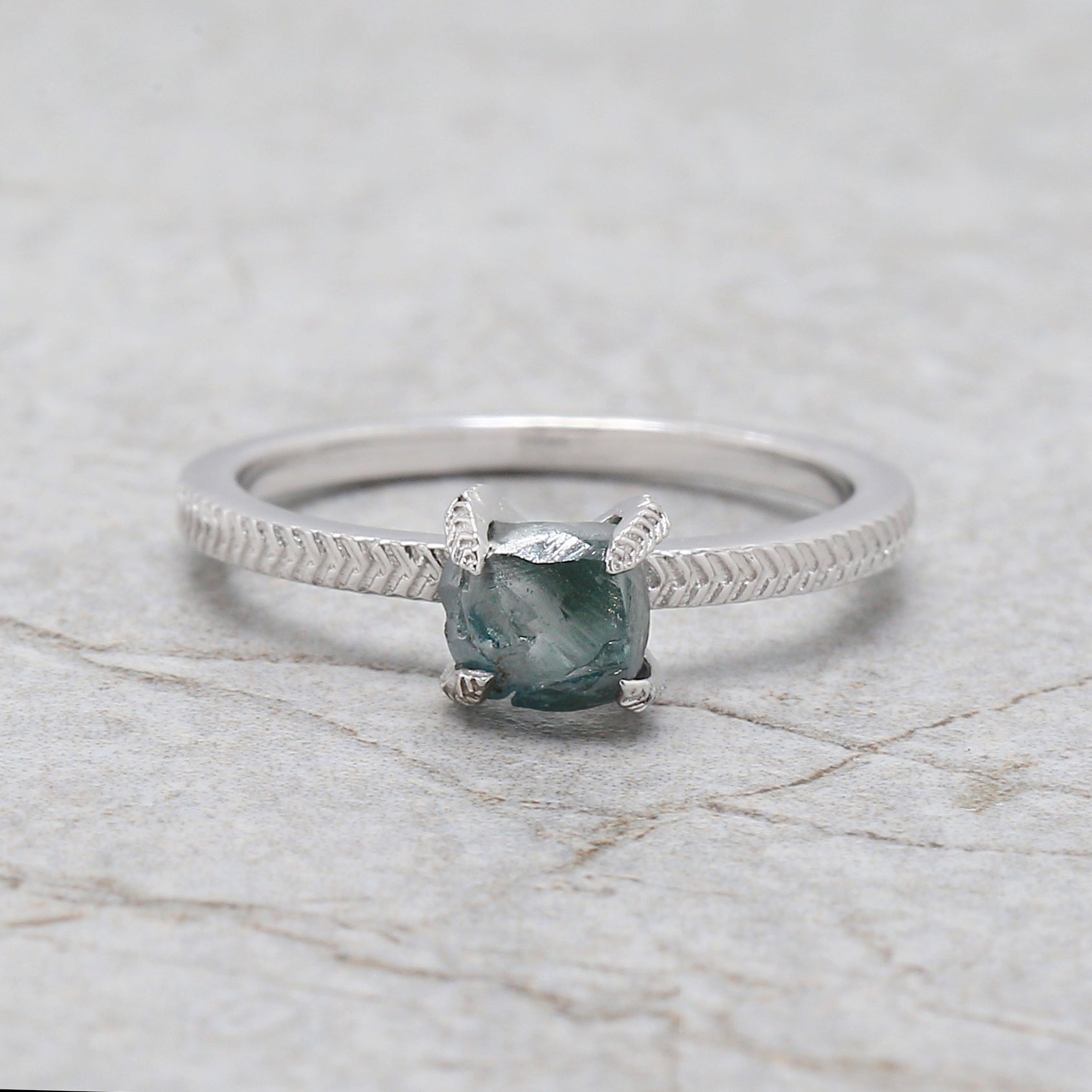 Rough Blue Color Diamond Ring 1.11 Ct 5.85 MM Crystal Rough Diamond Ring 14K Solid White Gold Silver Engagement Ring Gift For Her QL2358