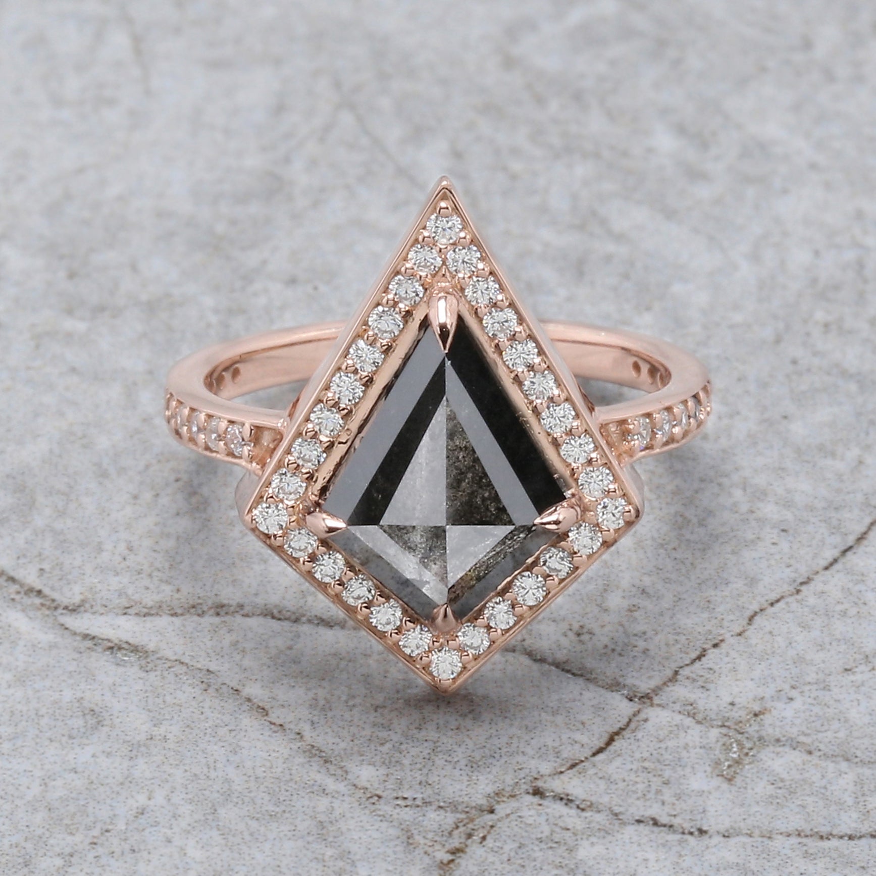 Kite Cut Salt And Pepper Diamond Ring 2.71 Ct 12.03 MM Kite Diamond Ring 14K Solid Rose Gold Silver Kite Engagement Ring Gift For Her QL2121