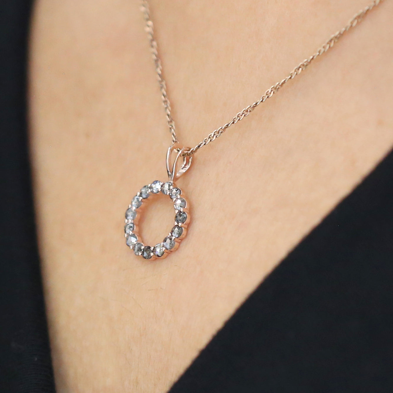 0.86 Ct Natural Round Rose Cut Salt And Pepper Diamond Pendant 2.00 MM Round Cut Diamond Pendant 14K Rose Gold Silver Engagement KD1215