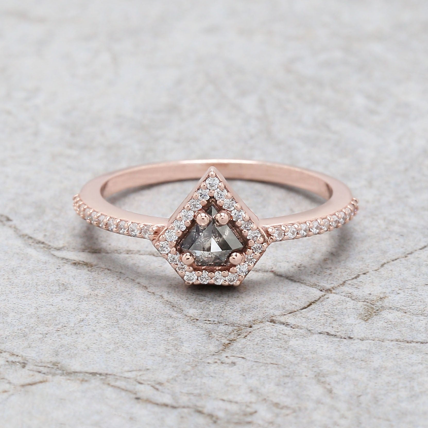 Shield Salt And Pepper Diamond Ring 0.32 Ct 4.60 MM Shield Shape Diamond Ring 14K Solid Rose Gold Silver Engagement Ring Gift For Her QN2532