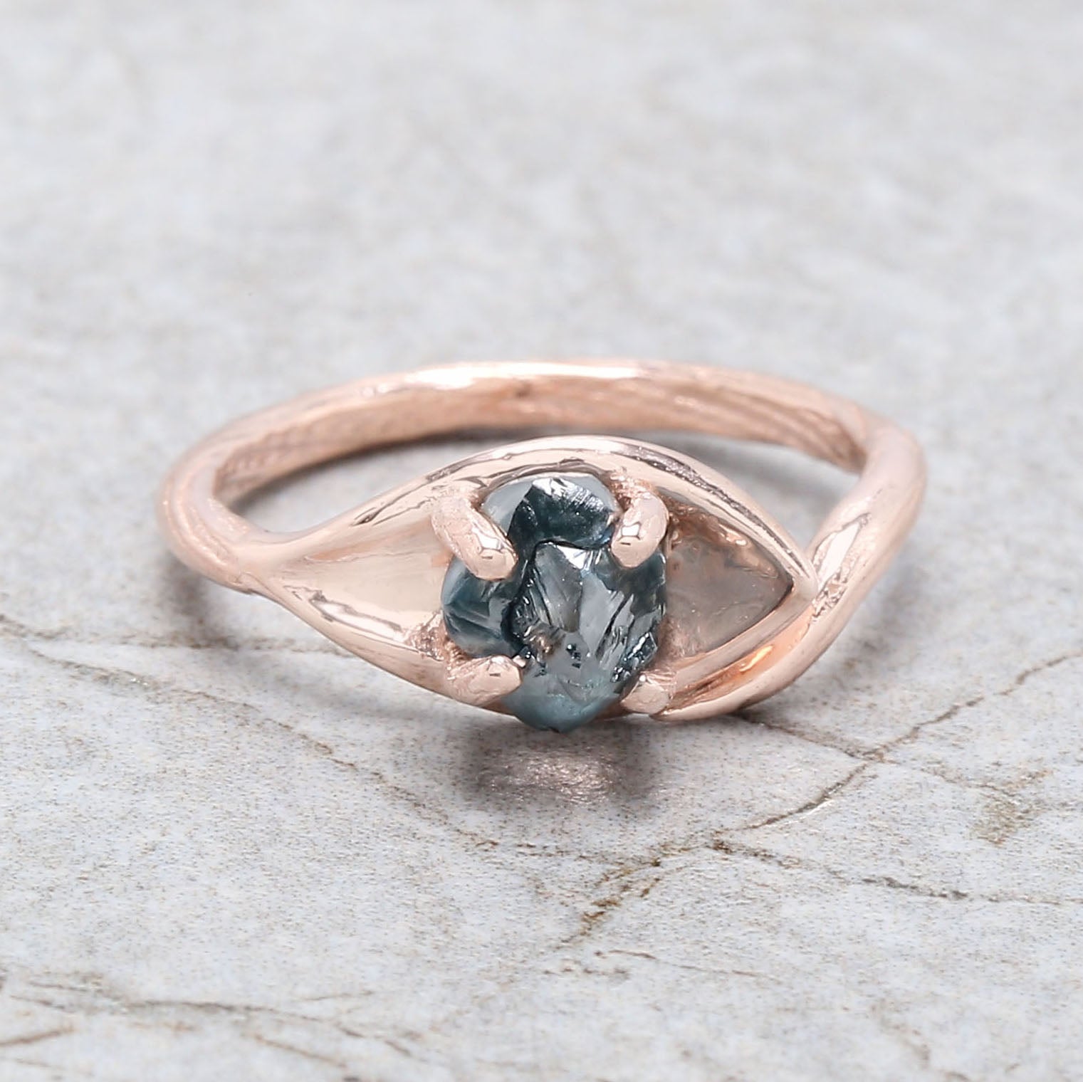 Rough Blue Color Diamond Ring 1.30 Ct 6.12 MM Crystal Rough Diamond Ring 14K Solid Rose Gold Silver Engagement Ring Gift For Her QL2277