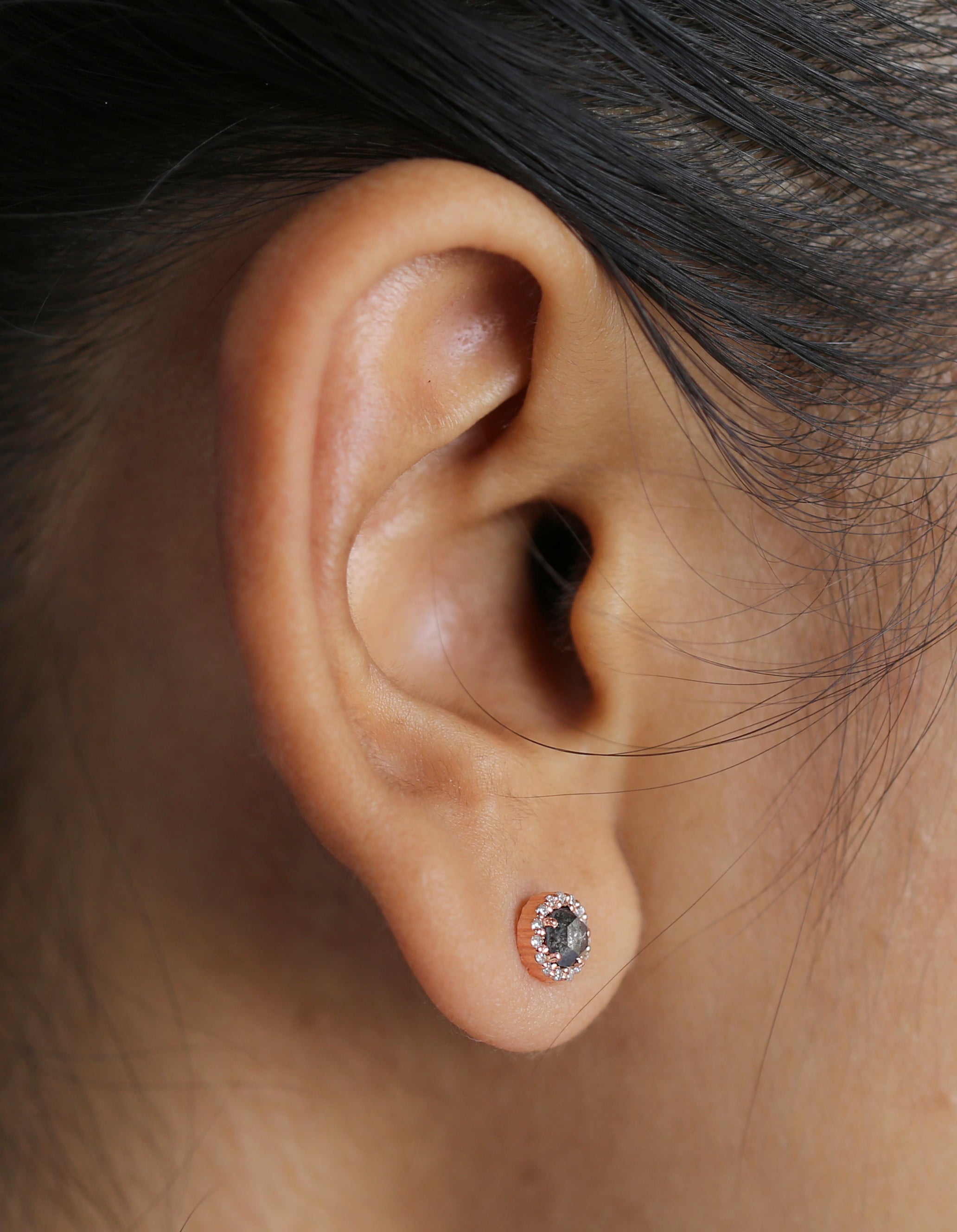 Round Rose Cut Salt And Pepper Diamond Earring 0.78 Ct 4.30 MM Round Diamond Earring 14K Solid Rose Gold Silver Engagement Earring QN1791