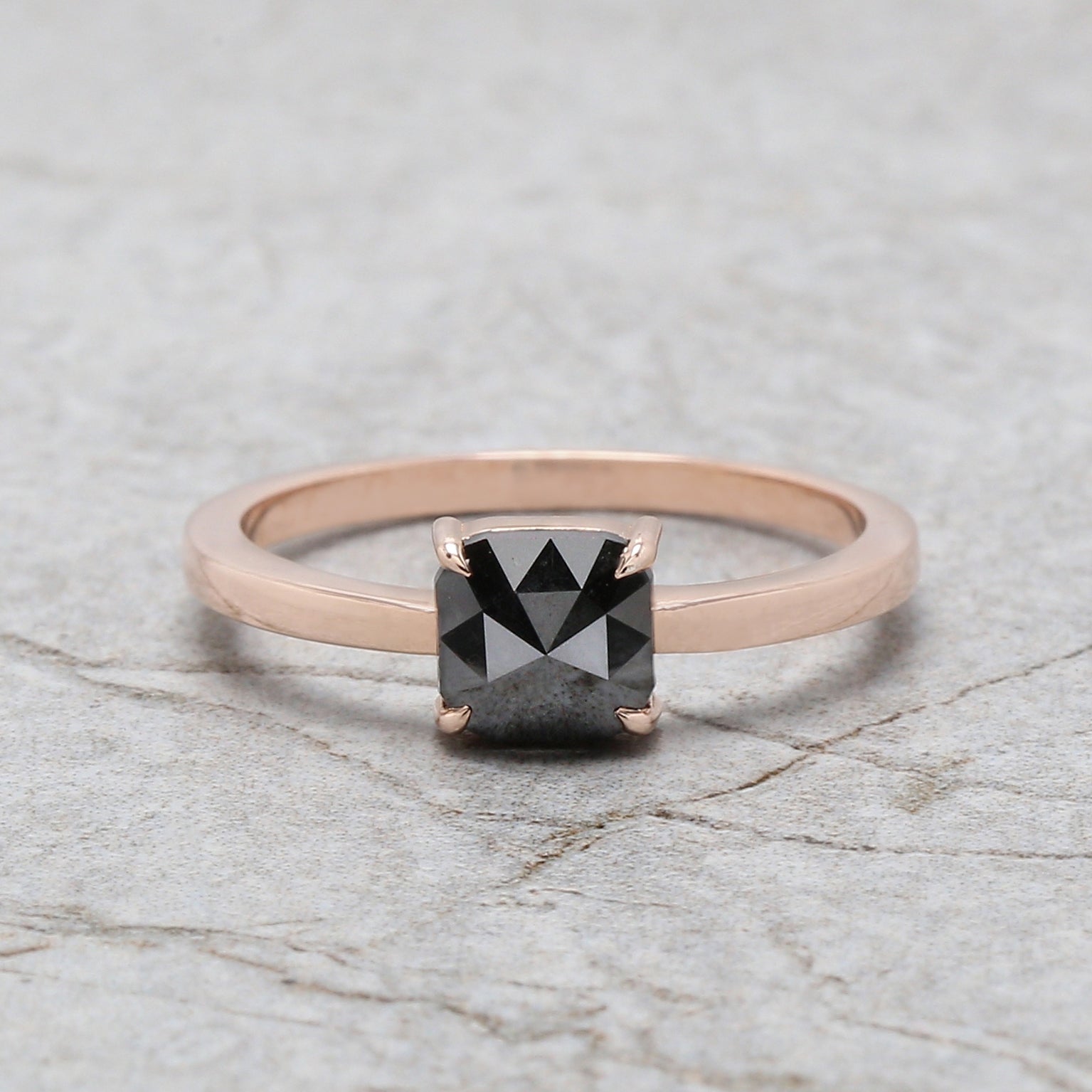 Cushion Shape Black Color Diamond Ring 0.88 Ct 5.99 MM Cushion Diamond Ring 14K Solid Rose Gold Silver Engagement Ring Gift For Her QL3140