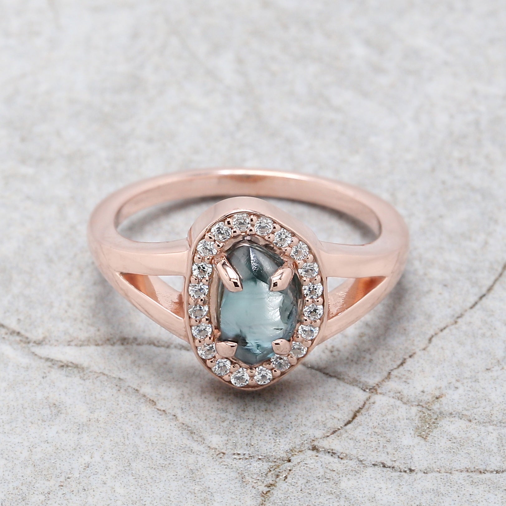 Rough Blue Color Diamond Ring 1.40 Ct 8.04 MM Crystal Rough Diamond Ring 14K Solid Rose Gold Silver Engagement Ring Gift For Her QL2295