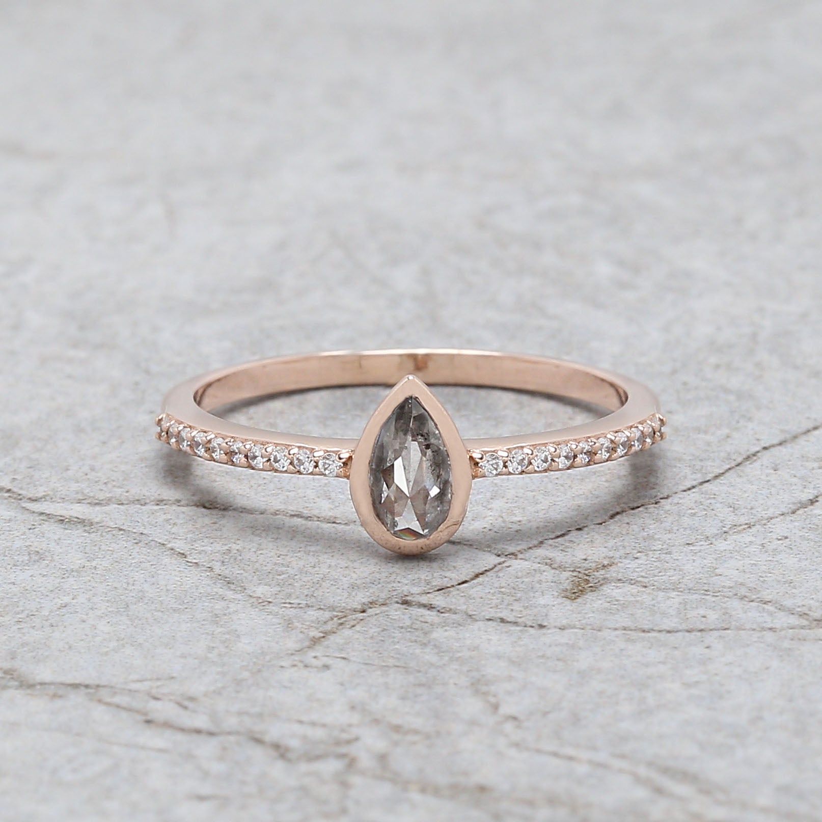 Pear Cut Salt And Pepper Diamond Ring 0.23 Ct 6.20 MM Pear Diamond Ring 14K Solid Rose Gold Silver Pear Engagement Ring Gift For Her QN2530