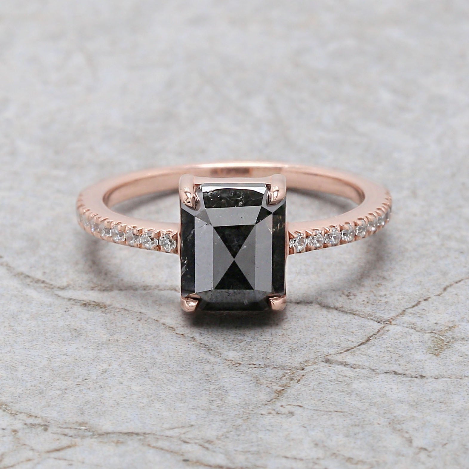 Emerald Cut Black Color Diamond Ring 2.36 Ct 8.08 MM Emerald Diamond Ring 14K Solid Rose Gold Silver Engagement Ring Gift For Her QL7322