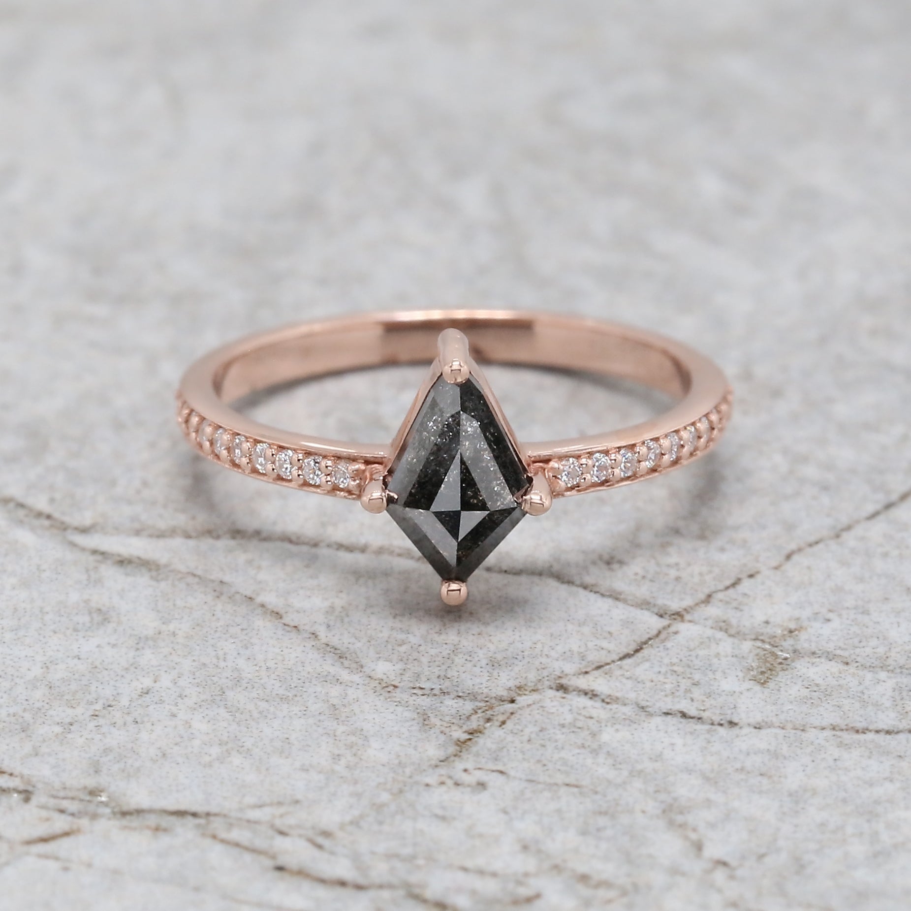 Kite Cut Salt And Pepper Diamond Ring 0.77 Ct 8.15 MM Kite Diamond Ring 14K Solid Rose Gold Silver Kite Engagement Ring Gift For Her QN2521