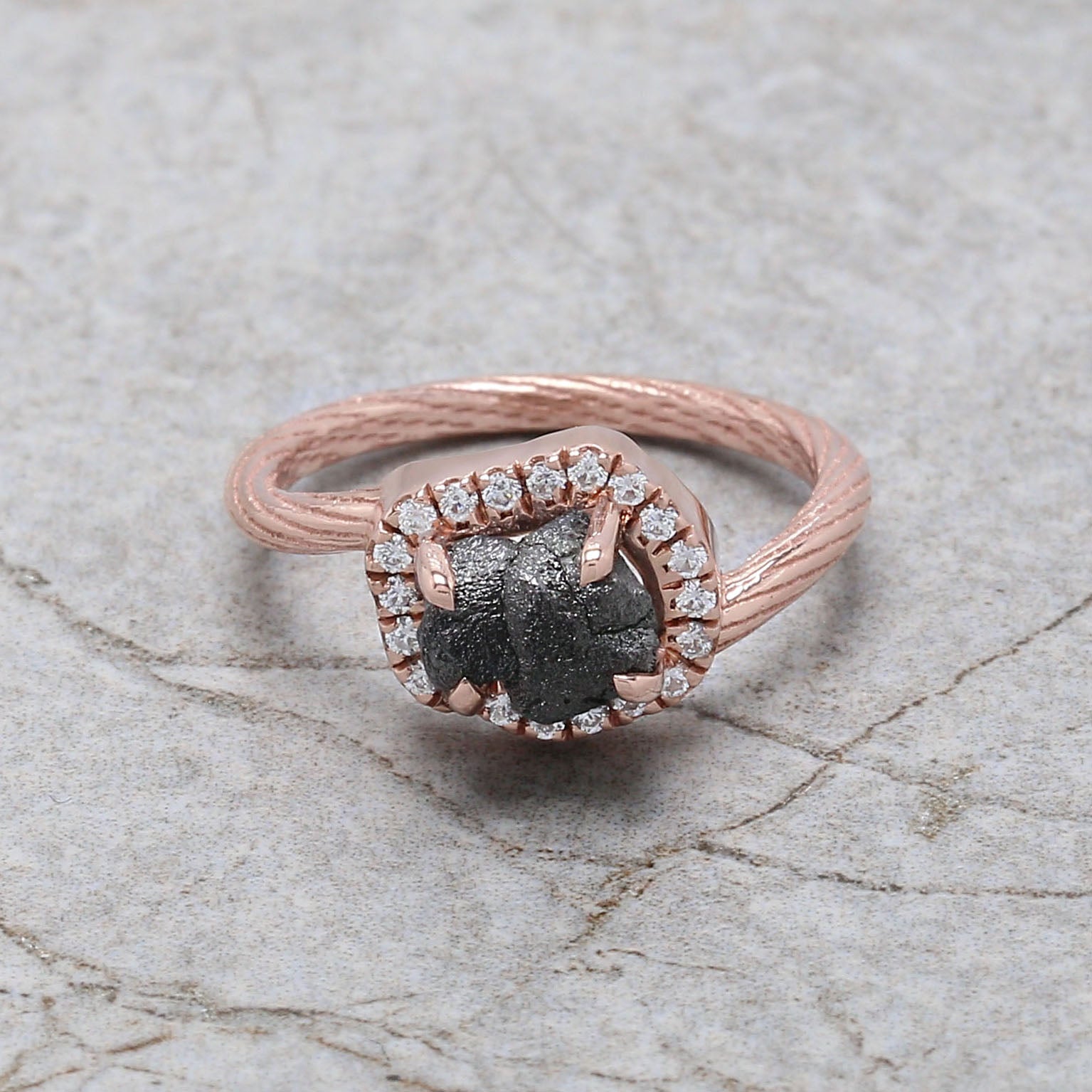 Rough Black Color Diamond Ring 1.91 Ct 7.30 MM Rough Uncut Diamond Ring 14K Solid Rose Gold Silver Rough Engagement Ring Gift For Her QL6713