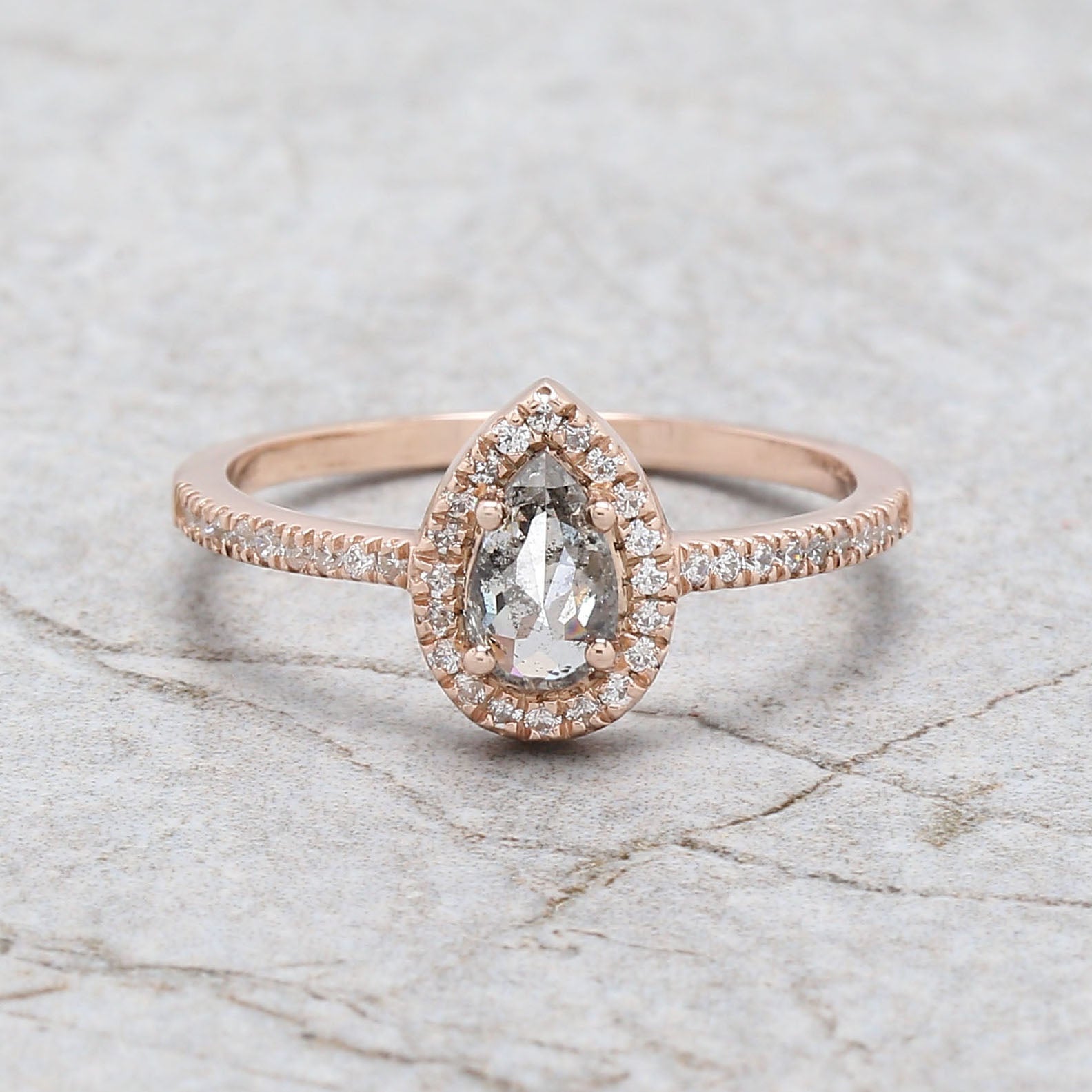 Pear Cut Salt And Pepper Diamond Ring 0.45 Ct 6.55 MM Pear Shape Diamond Ring 14K Solid Rose Gold Silver Engagement Ring Gift For Her QL3133