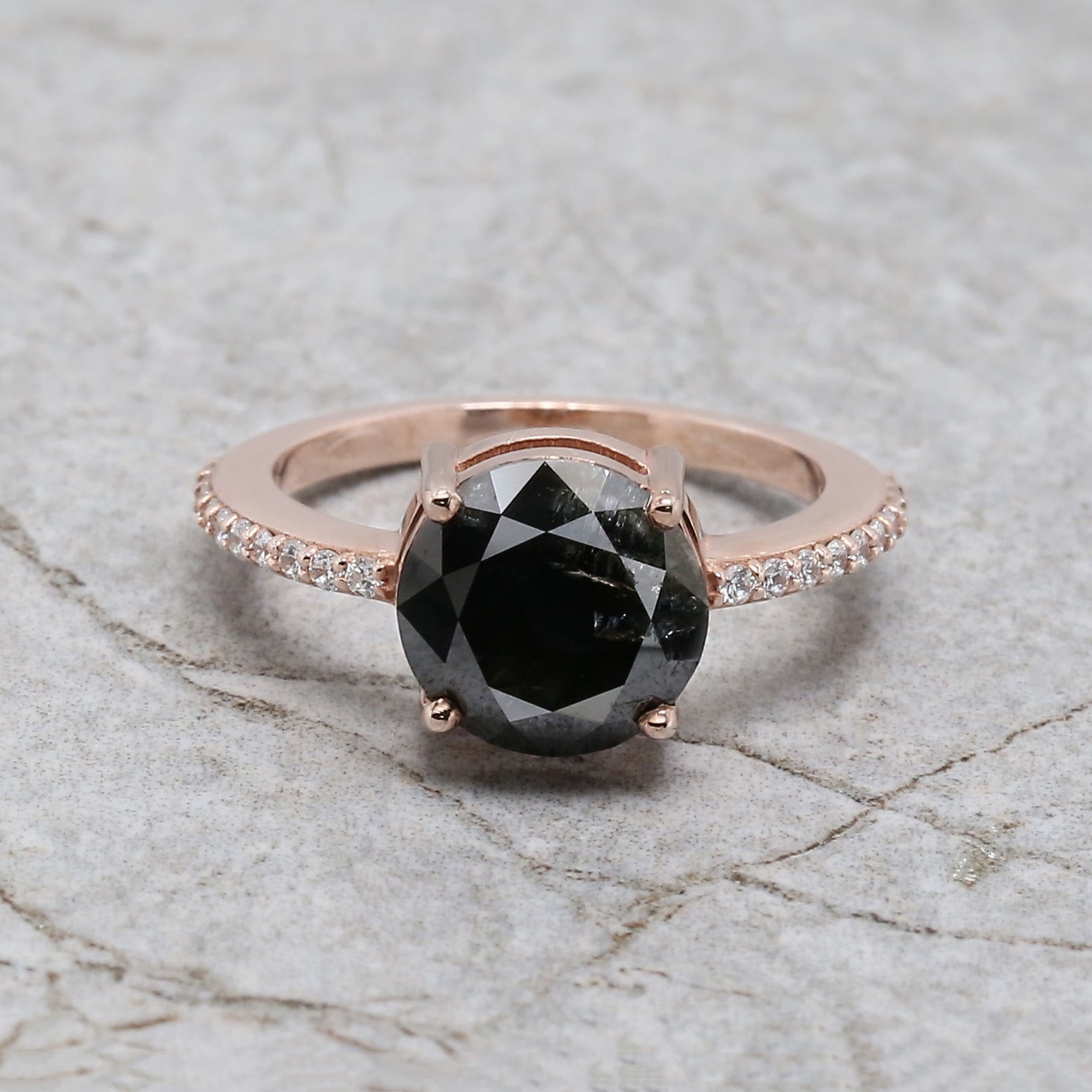 Round Cut Black Color Diamond Ring 2.93 Ct 9.00 MM Round Shape Diamond Ring 14K Solid Rose Gold Silver Engagement Ring Gift For Her QL389
