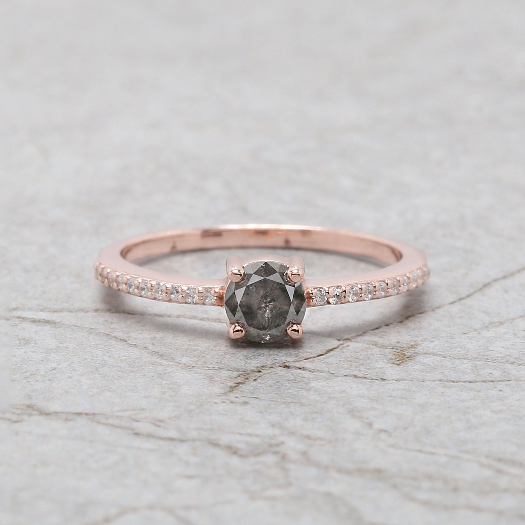 Round Cut Salt And Pepper Diamond Ring 0.58 Ct 4.95MM Round Diamond Ring 14K Solid Rose Gold Silver Engagement Ring Gift For Her QL7918