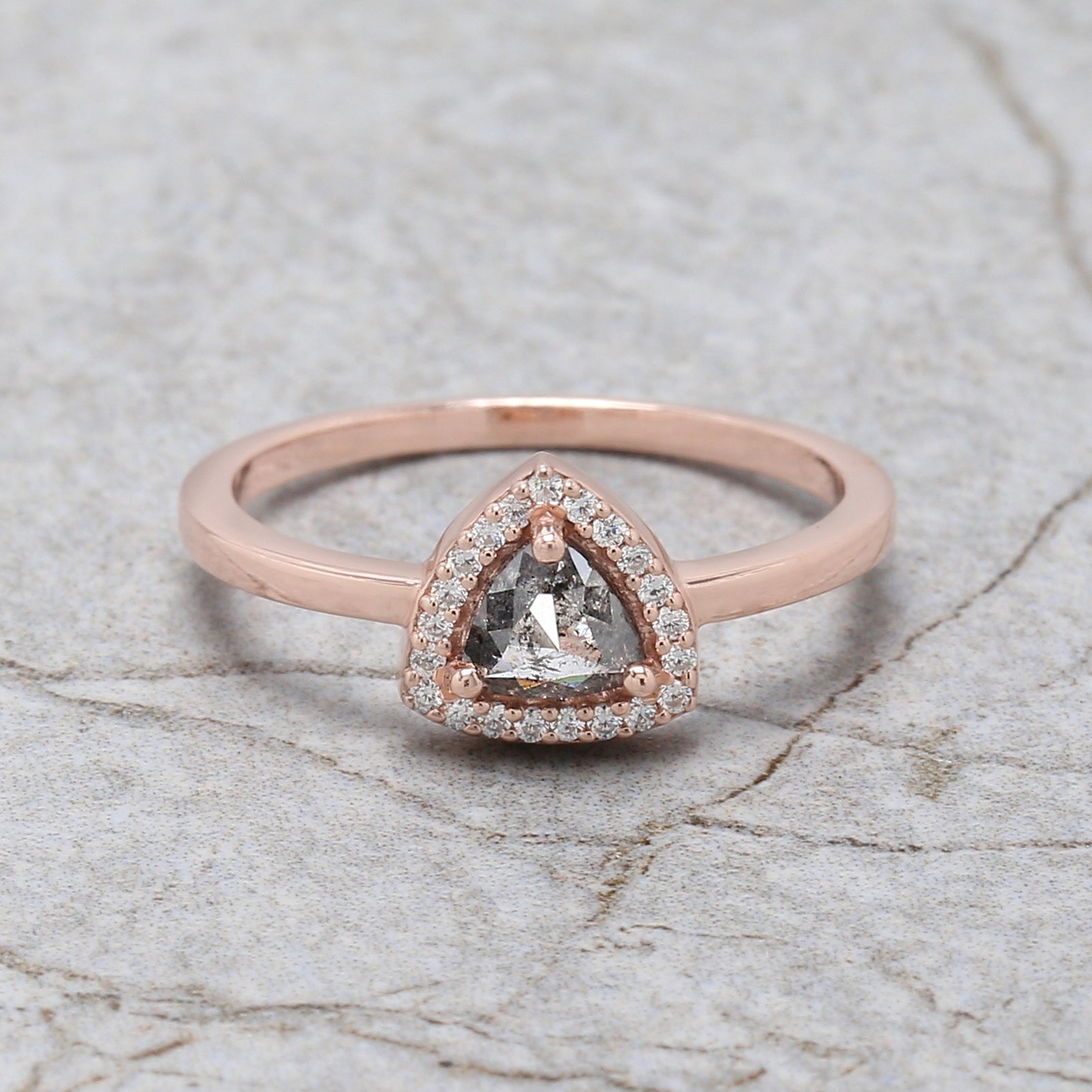 Triangle Cut Salt And Pepper Diamond Ring 0.49 Ct 4.85 MM Triangle Diamond Ring 14K Solid Rose Gold Engagement Ring Gift For Her QL3138