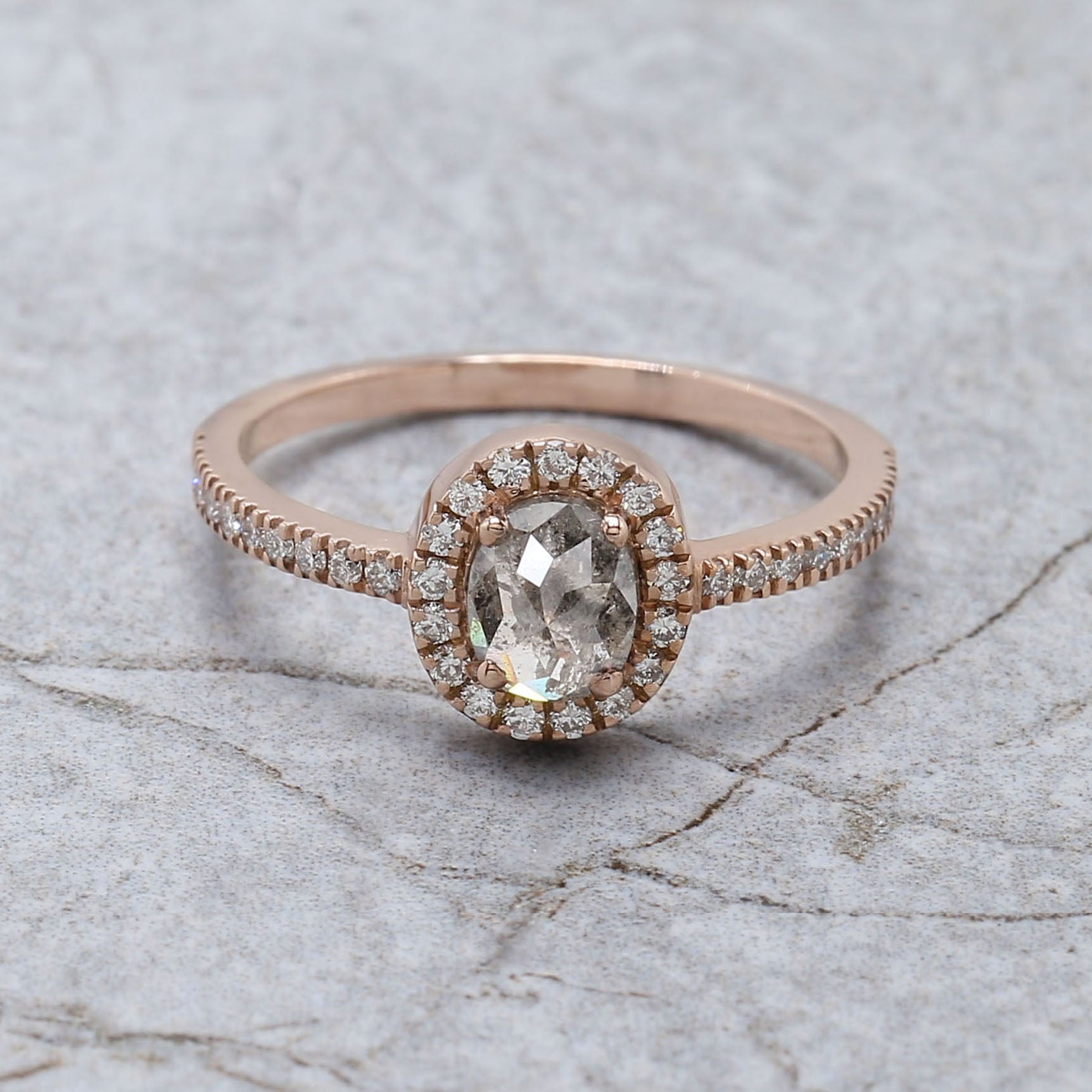 Oval Cut Salt And Pepper Diamond Ring 0.86 Ct 5.90 MM Oval Diamond Ring 14K Solid Rose Gold Silver Oval Engagement Ring Gift For Her QL3027