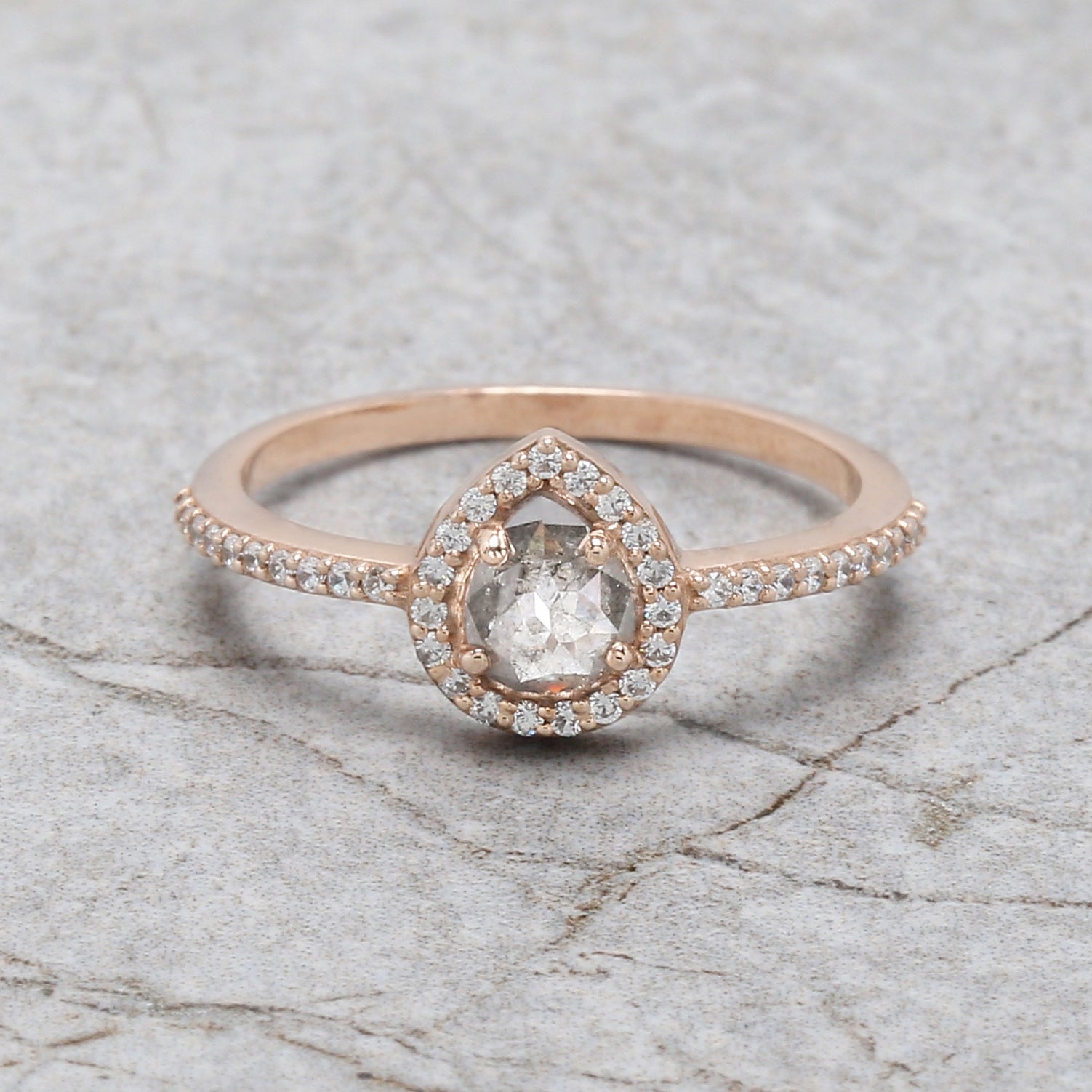 Pear Cut Salt And Pepper Diamond Ring 0.47 Ct 5.65 MM Pear Shape Diamond Ring 14K Solid Rose Gold Silver Engagement Ring Gift For Her QL3135