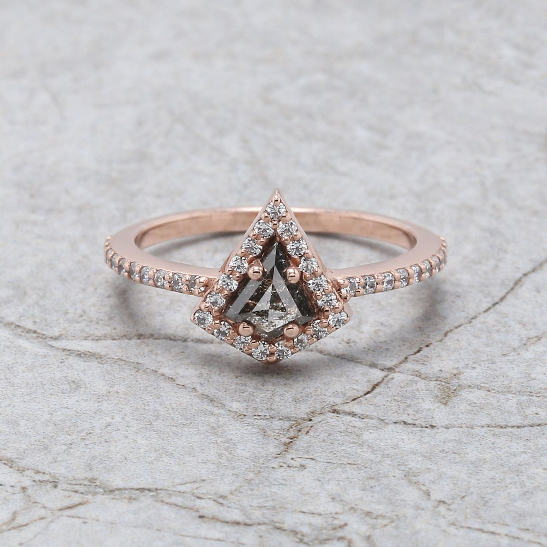 Kite Cut Salt And Pepper Diamond Ring 0.53 Ct 6.30 MM Kite Diamond Ring 14K Solid Rose Gold Silver Kite Engagement Ring Gift For Her QL3131