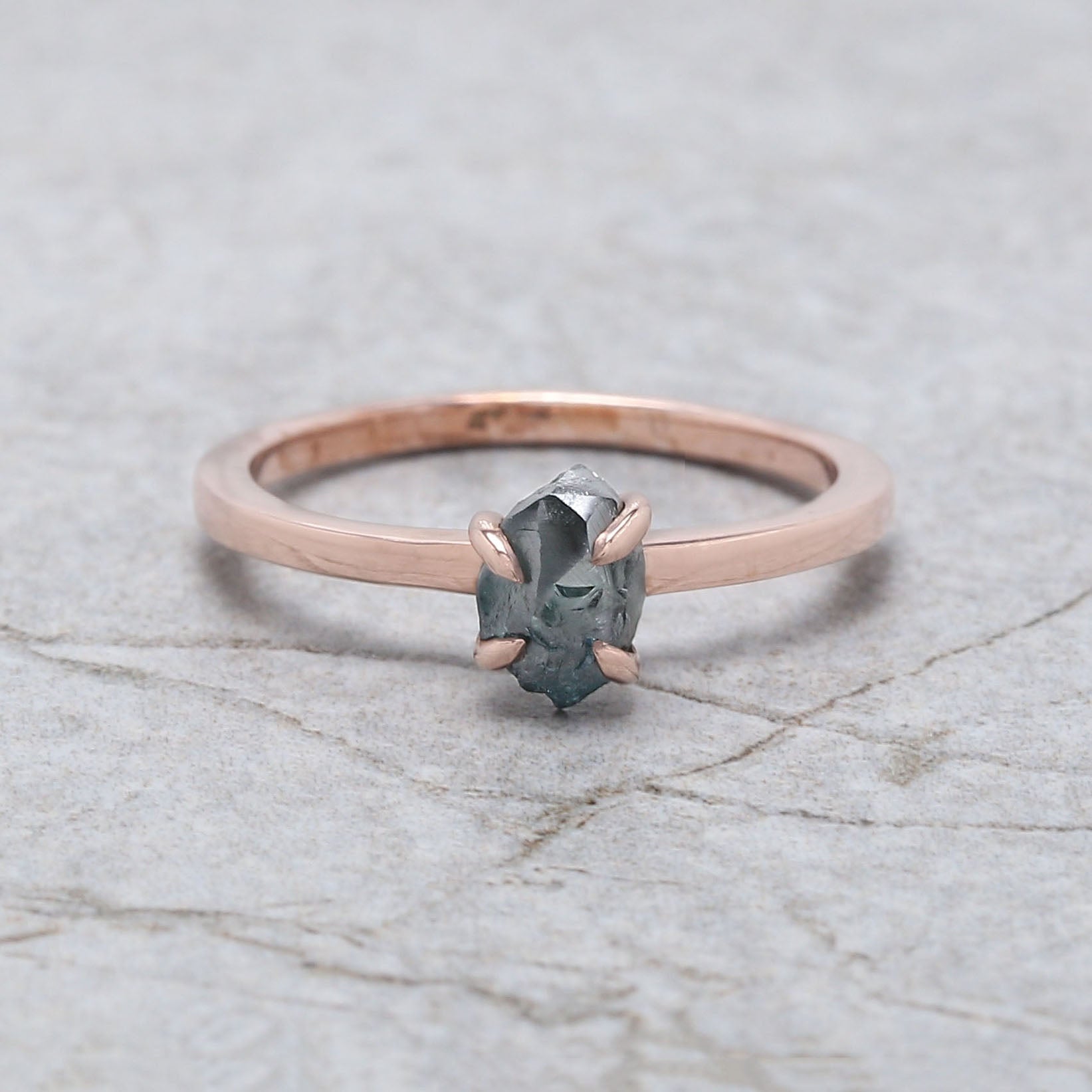 Rough Blue Color Diamond Ring 0.83 Ct 6.65 MM Crystal Rough Diamond Ring 14K Solid Rose Gold Silver Engagement Ring Gift For Her QL2224