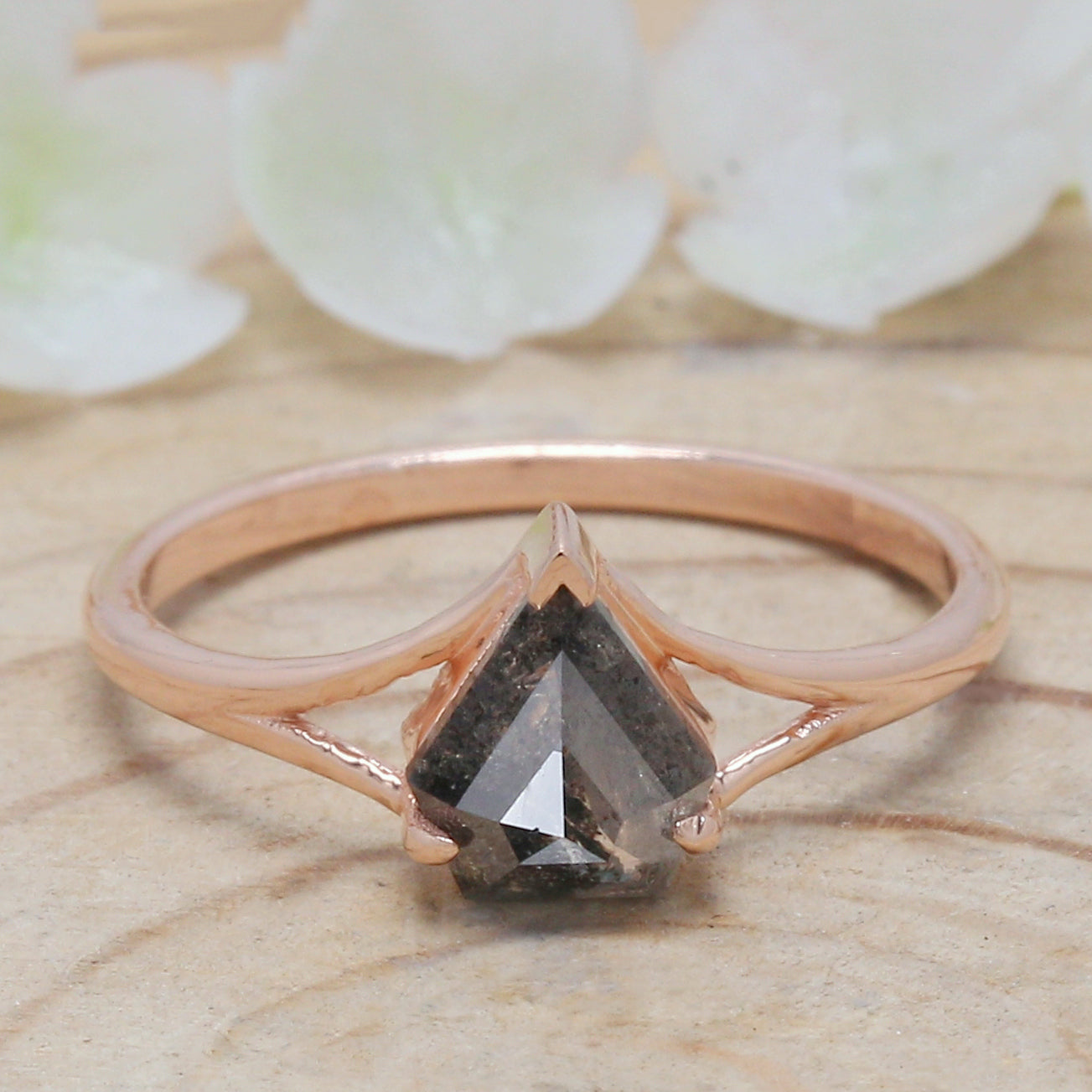 Shield Salt And Pepper Diamond Ring 0.88 Ct 7.20 MM Shield Shape Diamond Ring 14K Solid Rose Gold Silver Engagement Ring Gift For Her QN9205