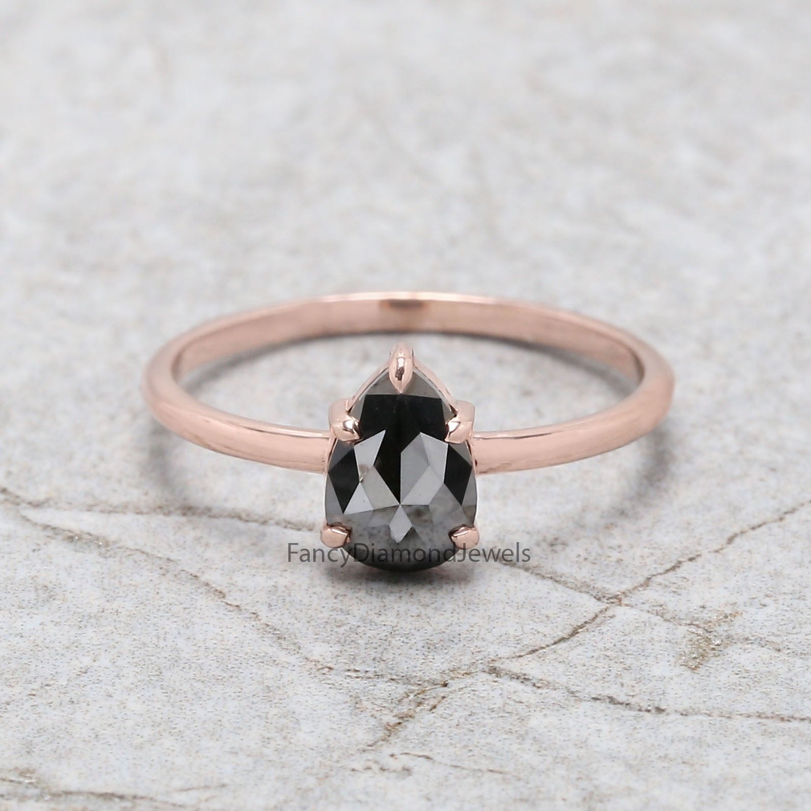 Pear Cut Black Color Diamond Ring 0.61 Ct 7.60 MM Pear Diamond Ring 14K Solid Rose Gold Silver Pear Engagement Ring Gift For Her QK2618