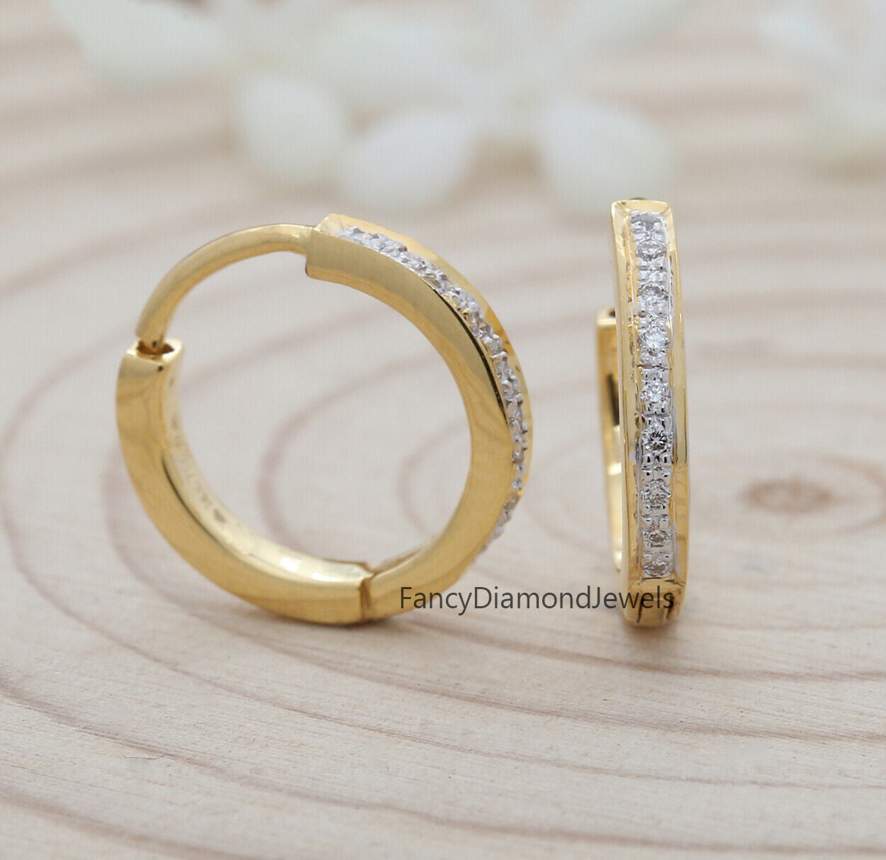 Natural White Round Diamond Earring 14K Yellow Gold Hoop Earring Valentine Gift KD900