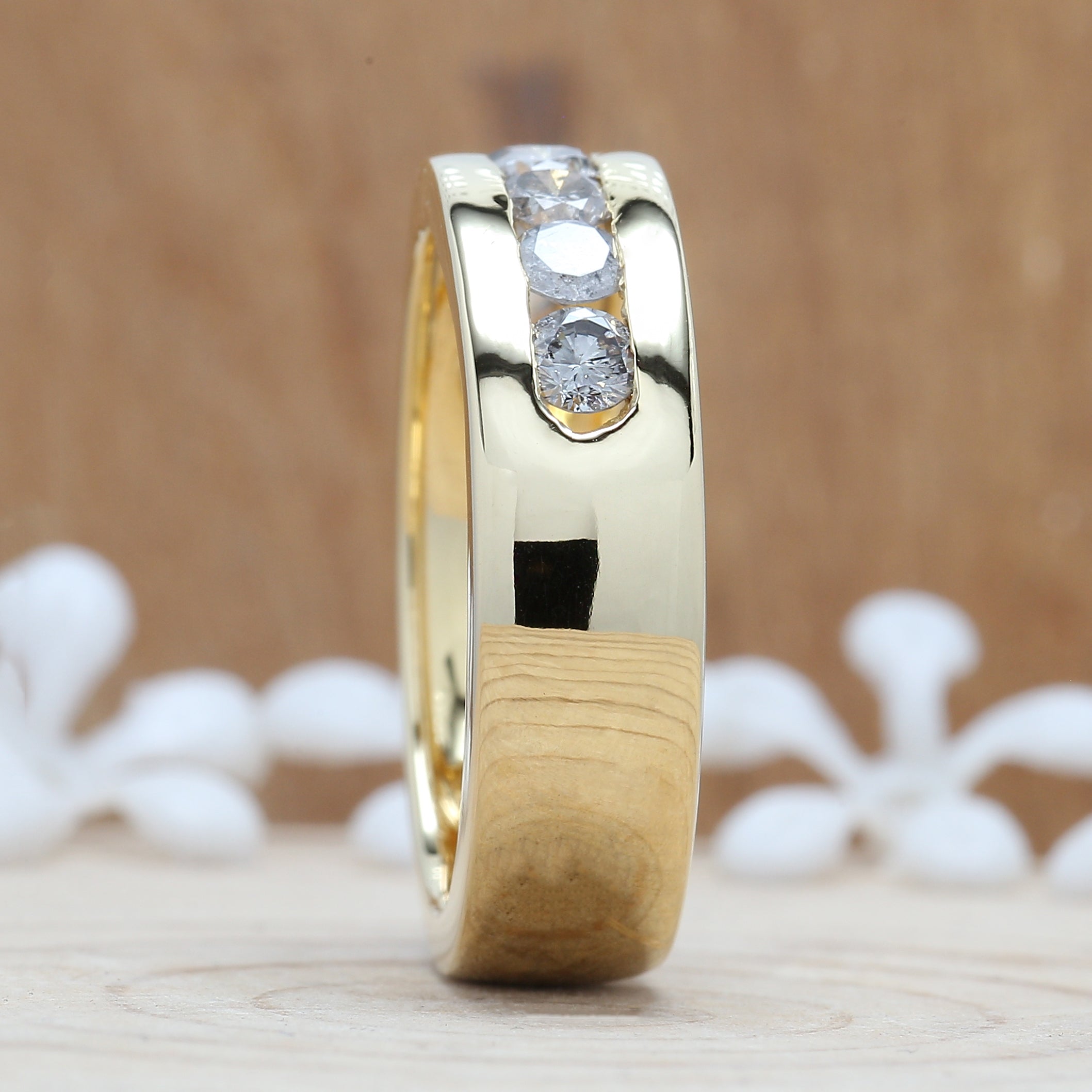 1.29 CT Salt And Pepper Band, Round Brilliant Cut Diamond Band, Engagement Band, 14K Yellow Gold Band, Wedding Band, KD924