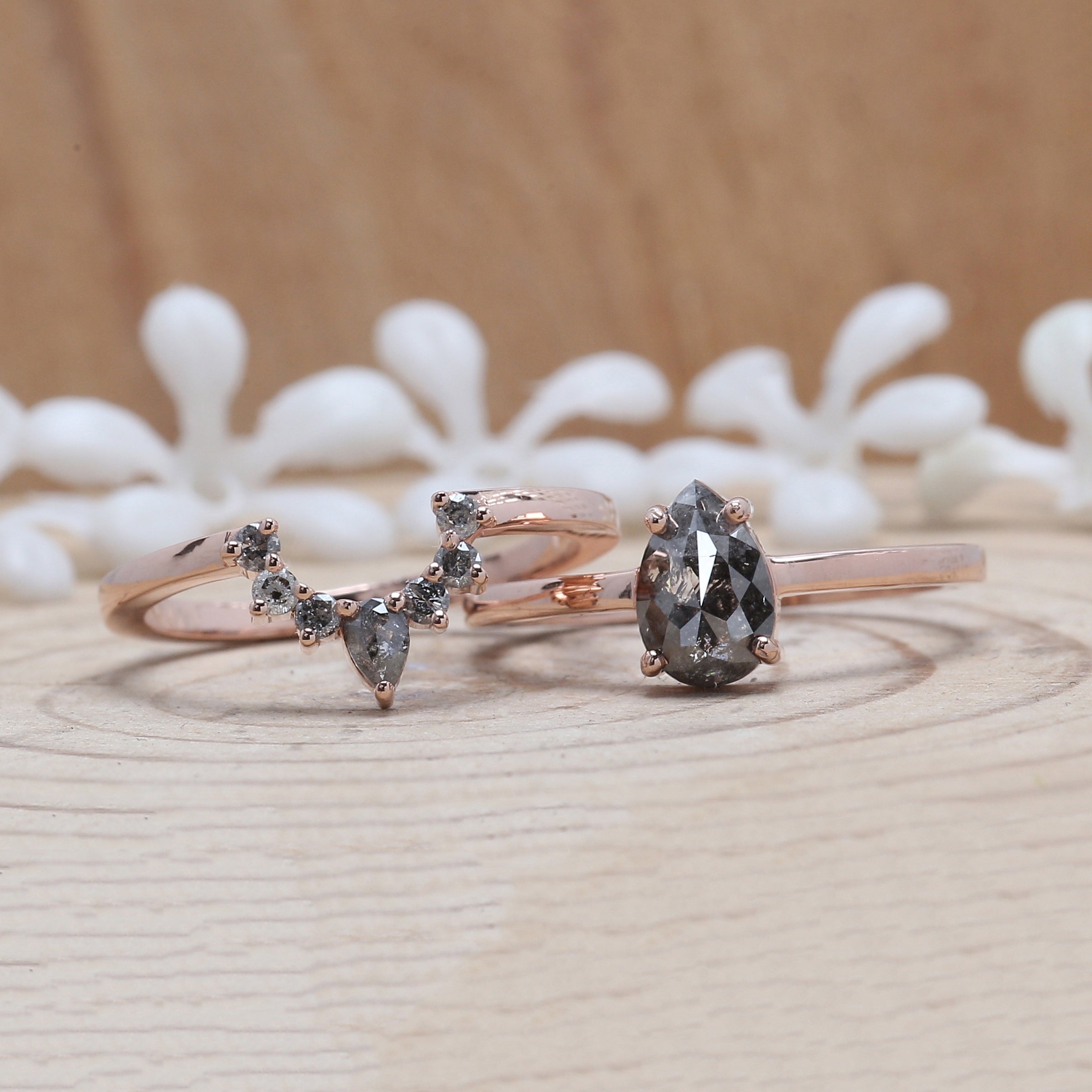 0.93 CT Salt And Pepper Diamond Ring, Pear Diamond Ring, Engagement Ring, 14K Rose Gold Ring, Rose Cut Ring, Wedding Gift For Her KDL680
