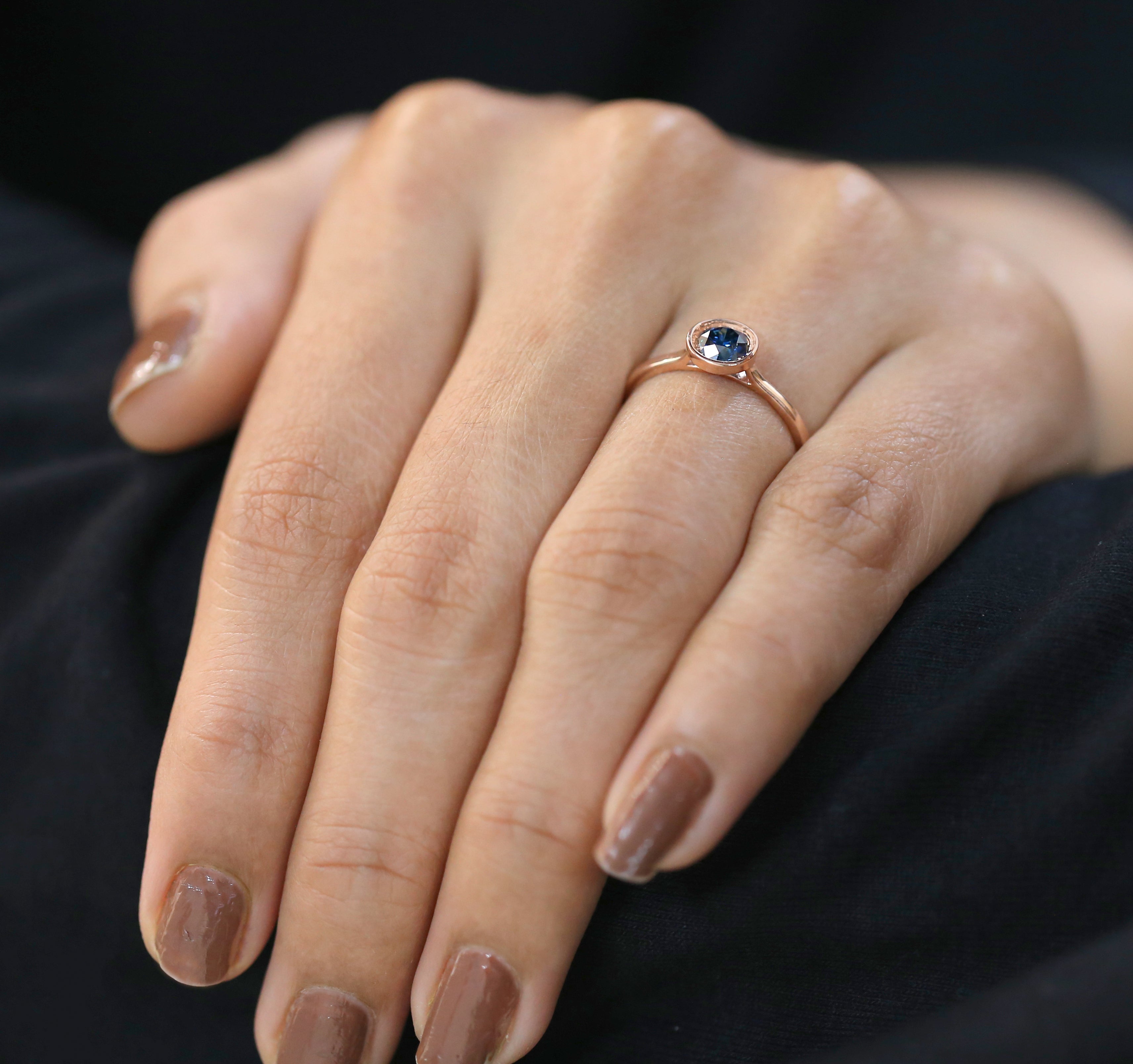 Round Shape Blue Color Diamond Ring 0.60 Ct 5.15 MM Round Cut Diamond Ring 14K Solid Rose Gold Silver Engagement Ring Gift For Her QL1659